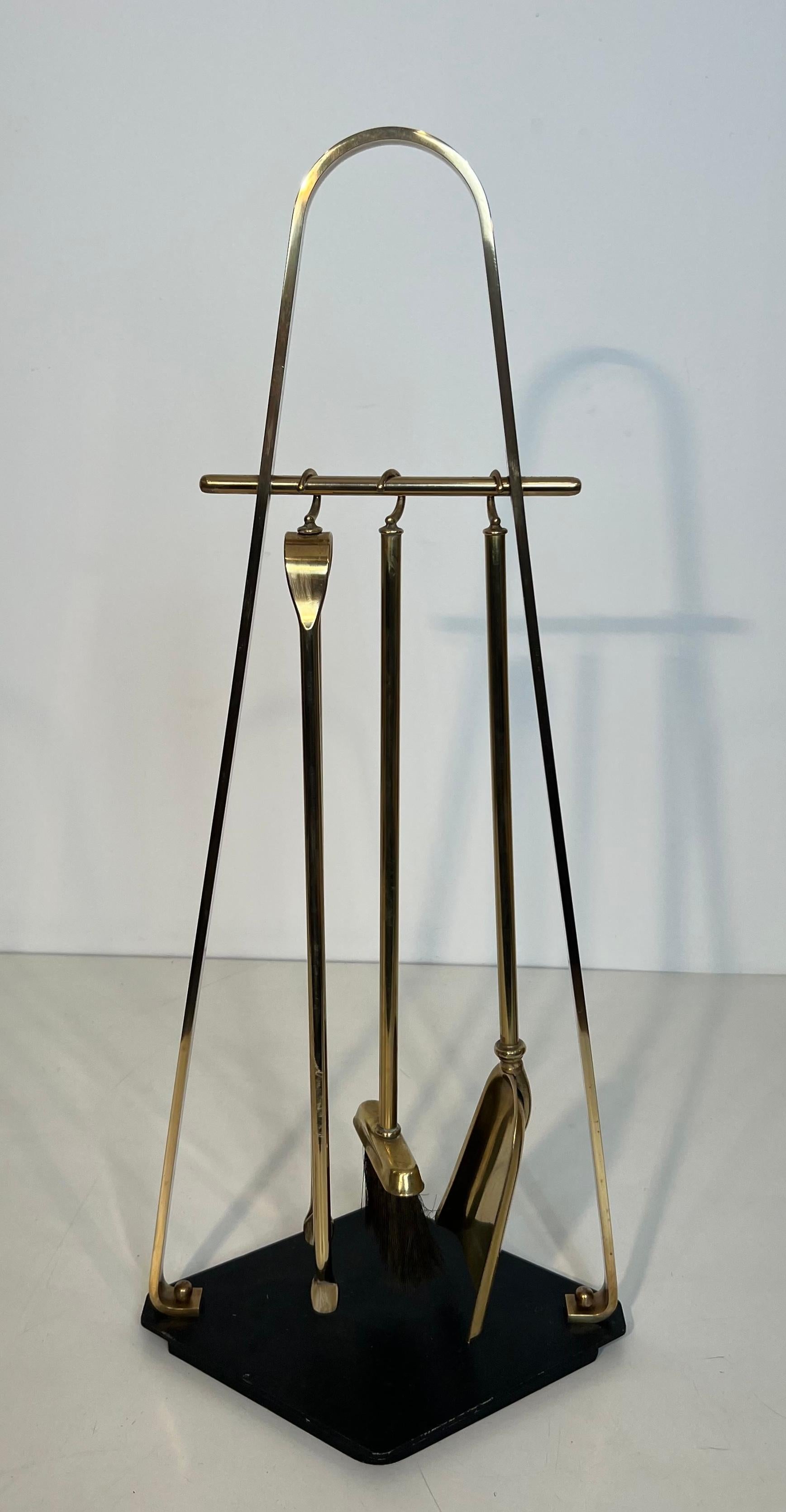 Black Lacquered and Brass Design Fireplace Tools on Stand For Sale 12