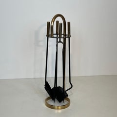 Black Lacquered and Brass Design Fireplace Tools on Stand