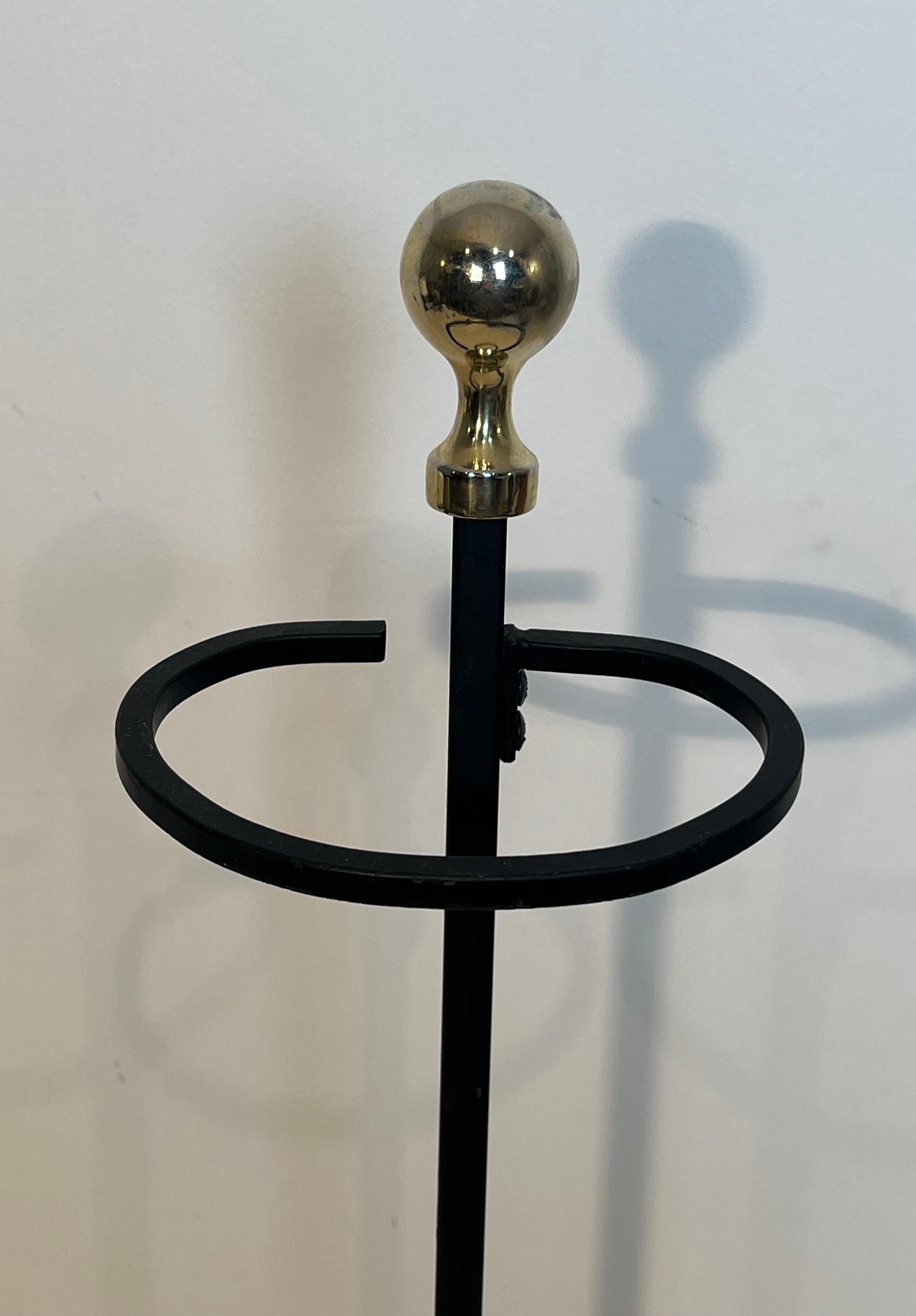 Mid-Century Modern Black Lacquered and Brass Design Fireplace Tools on Stand For Sale