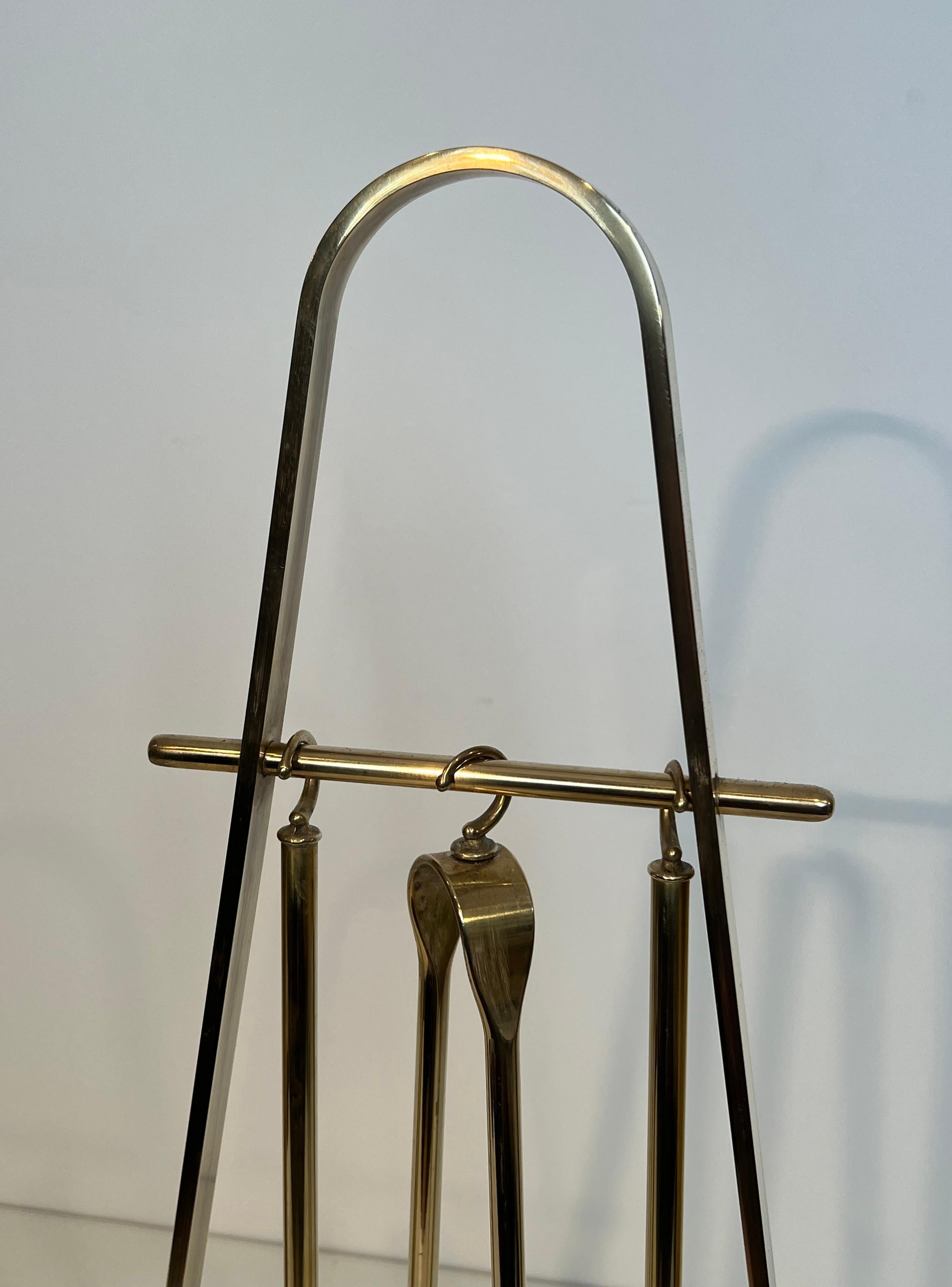 French Black Lacquered and Brass Design Fireplace Tools on Stand For Sale