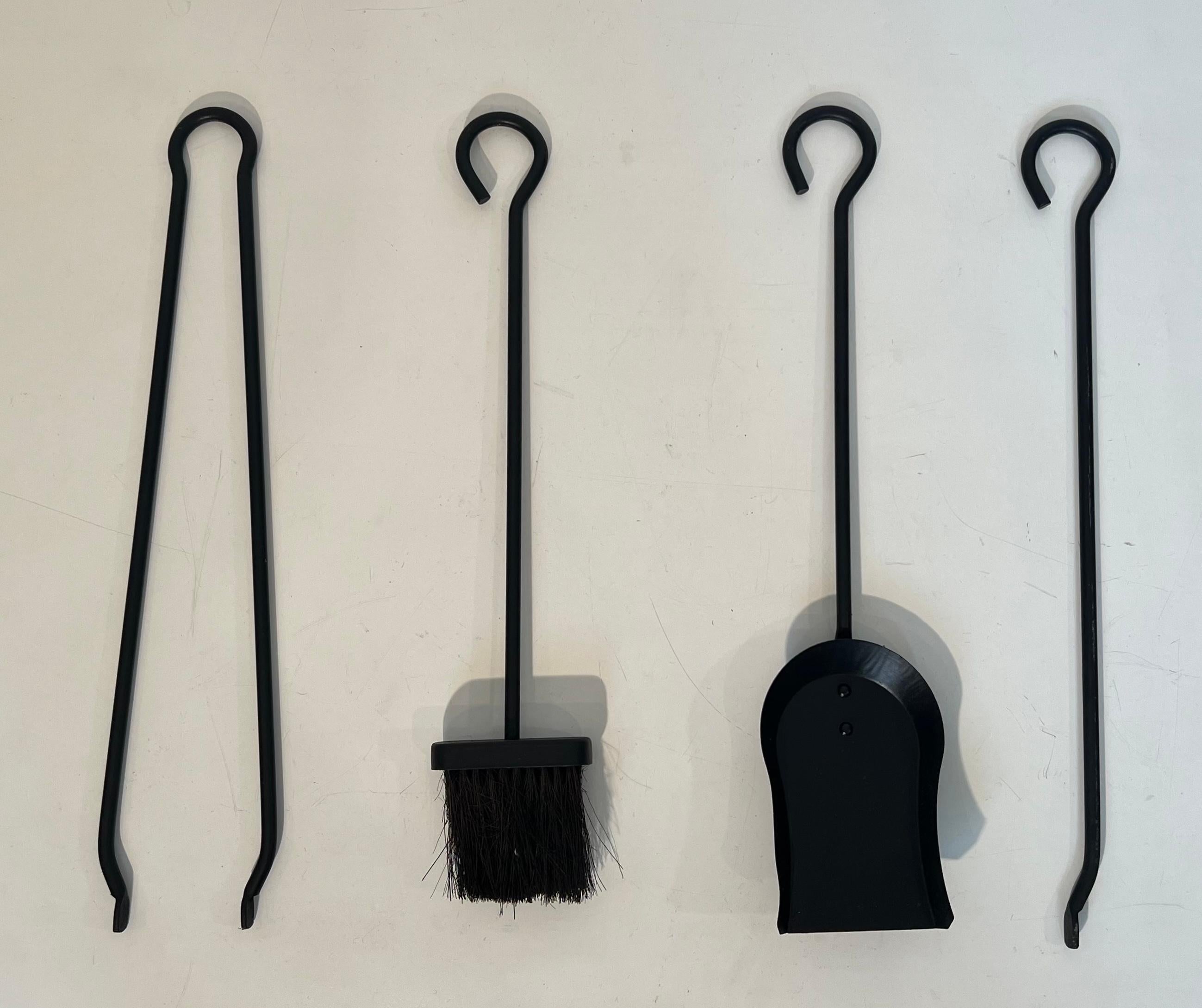 Late 20th Century Black Lacquered and Brass Design Fireplace Tools on Stand For Sale