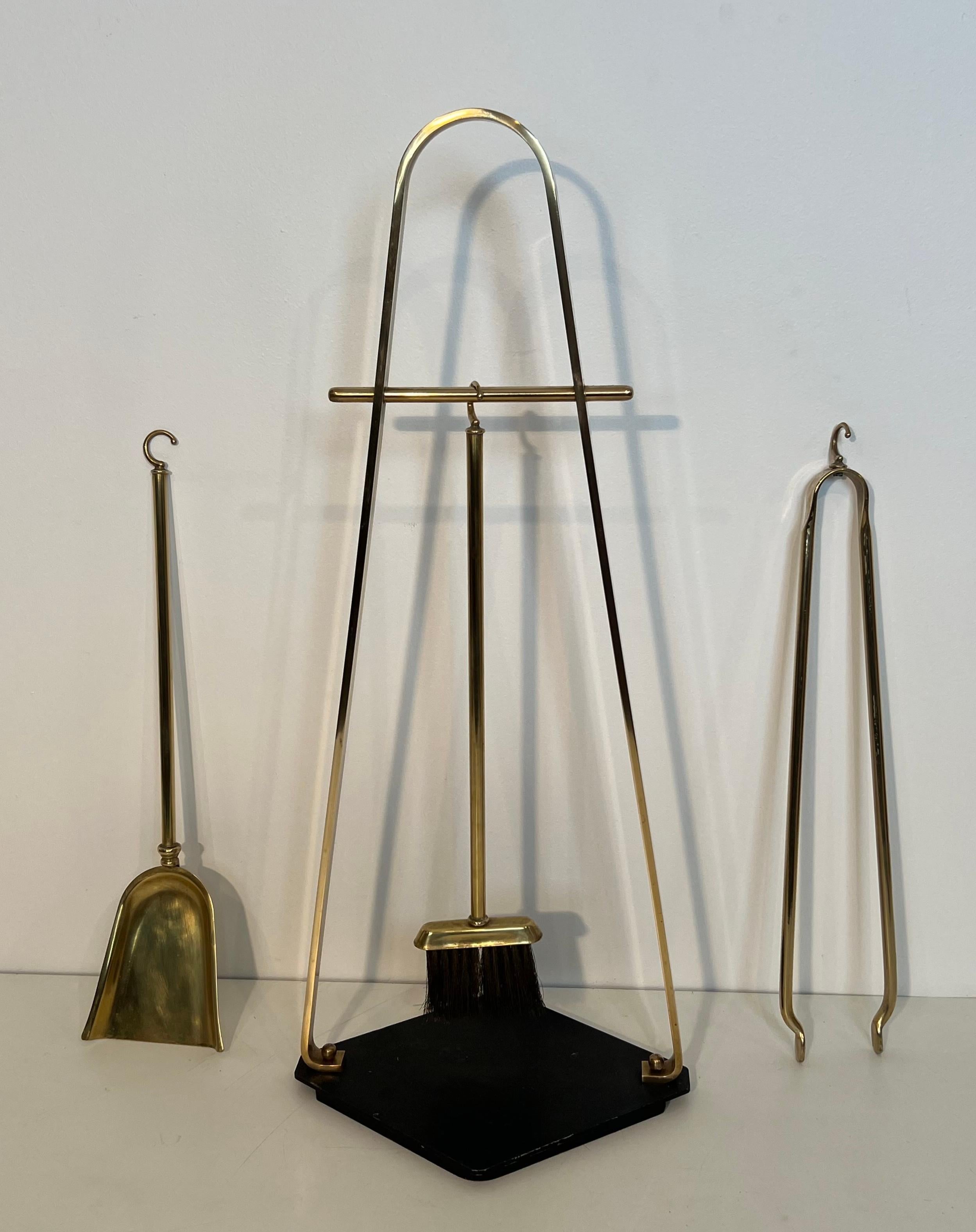 Late 20th Century Black Lacquered and Brass Design Fireplace Tools on Stand For Sale