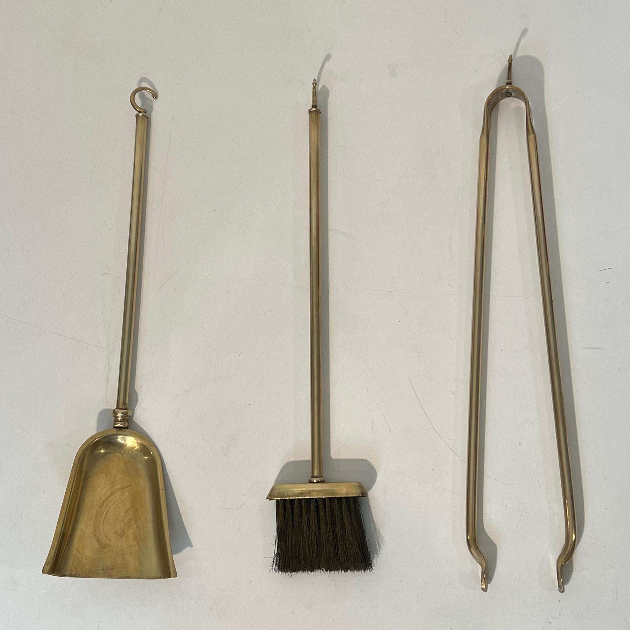 Black Lacquered and Brass Design Fireplace Tools on Stand For Sale 1