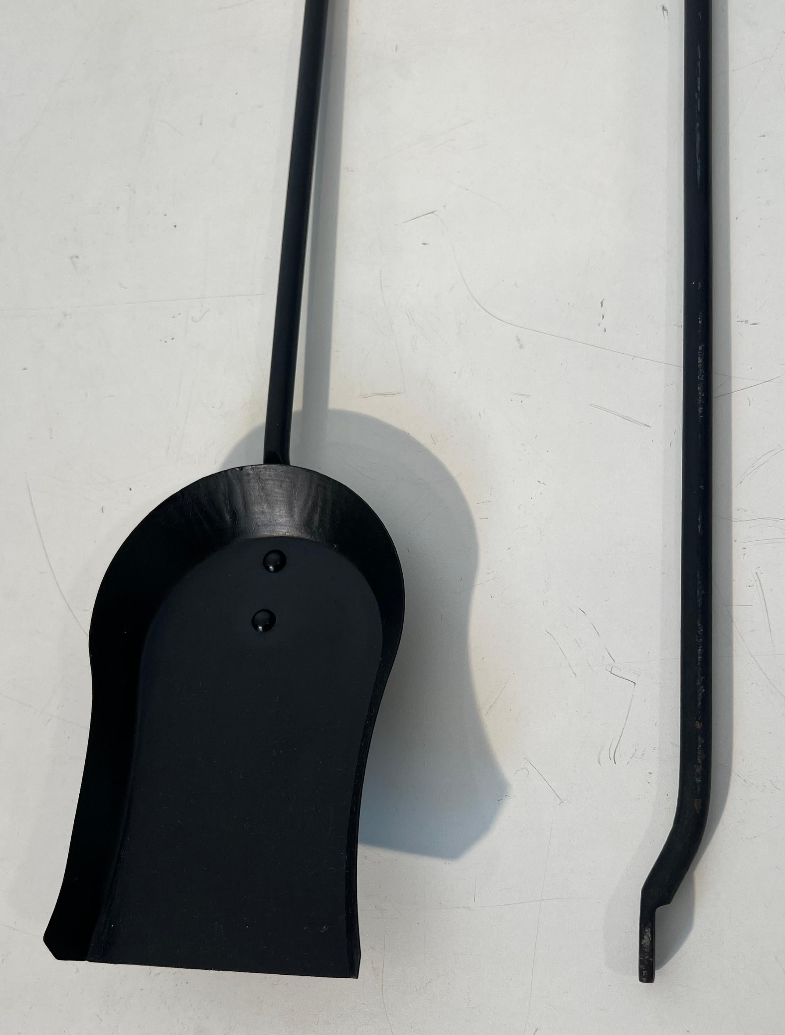 Black Lacquered and Brass Design Fireplace Tools on Stand For Sale 2