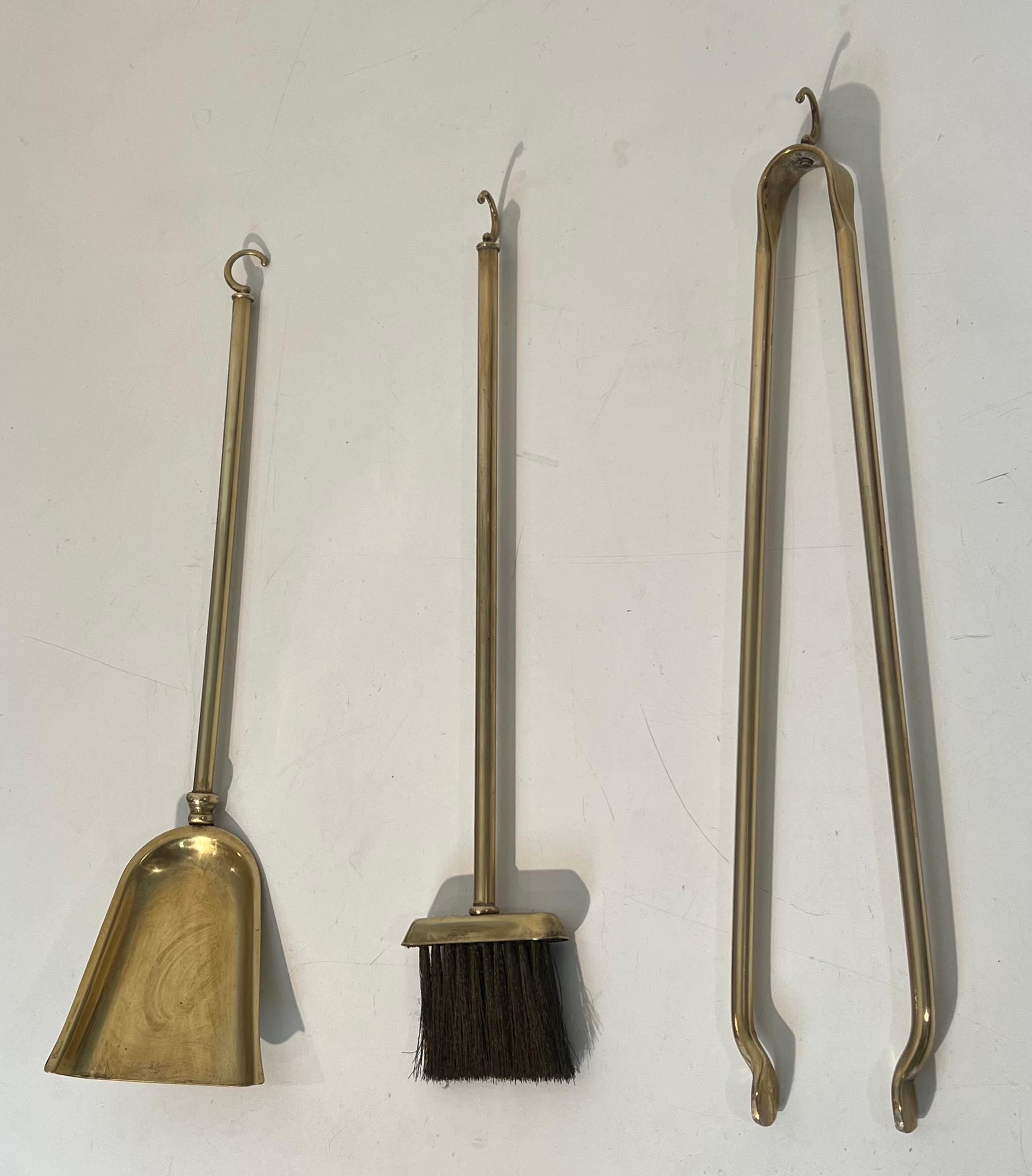 Black Lacquered and Brass Design Fireplace Tools on Stand For Sale 2