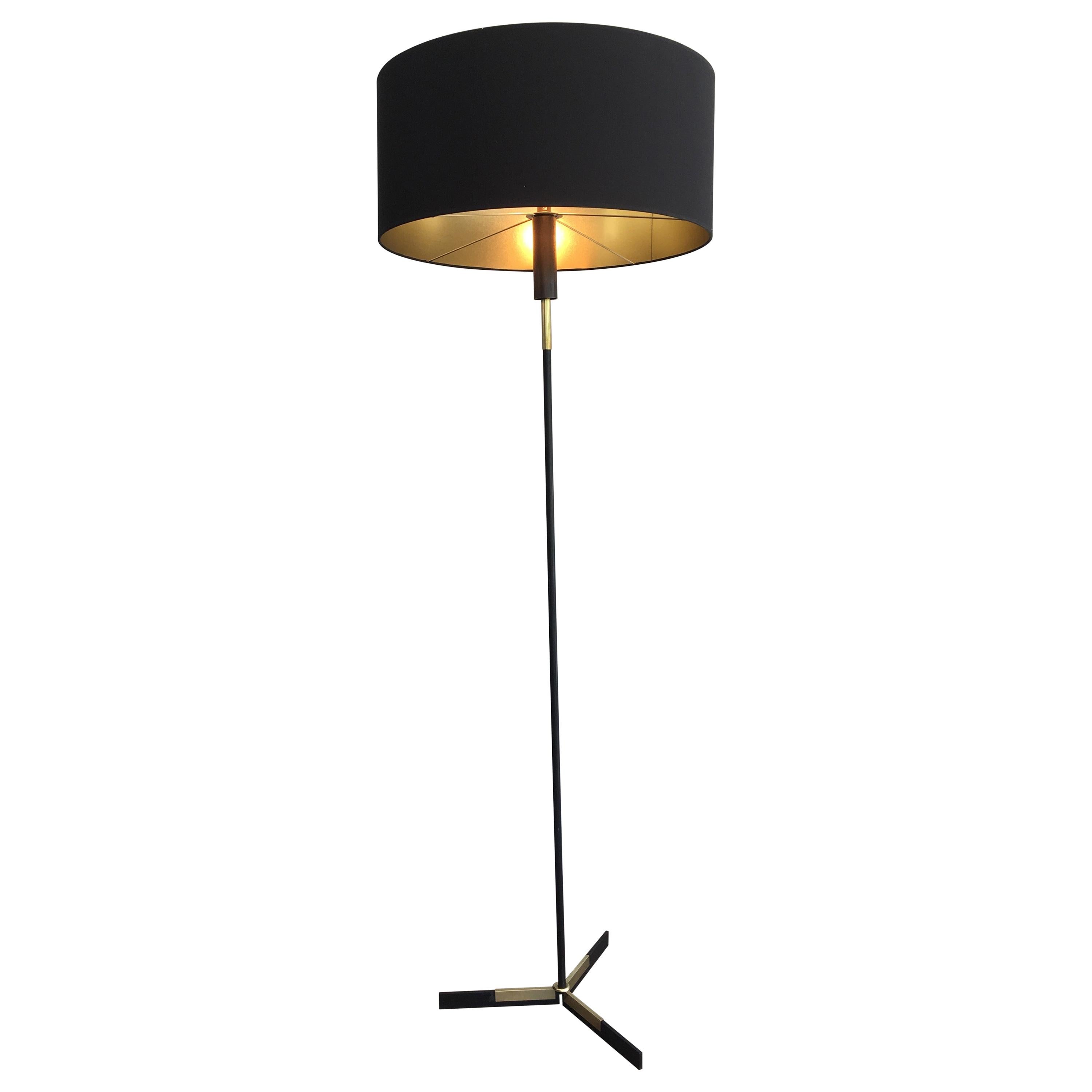 Black Lacquered and Brass Design Floor Lamp, French, circa 1950