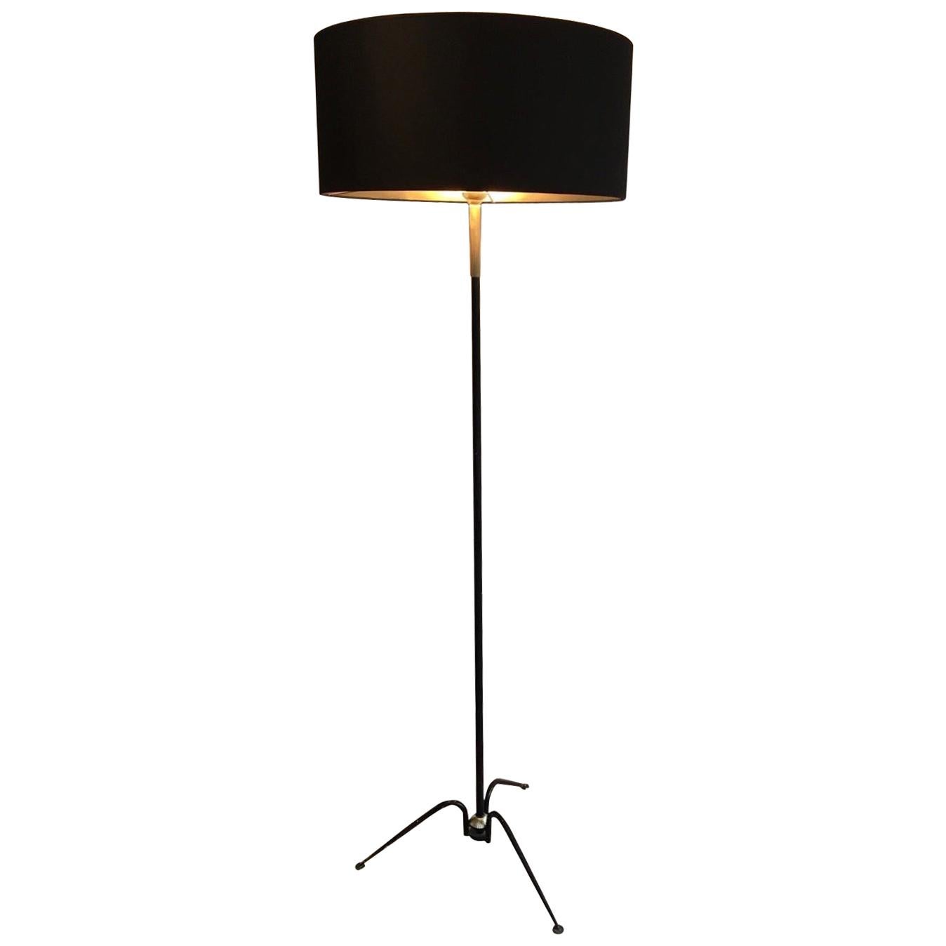 Black Lacquered and Brass Design Floor Lamp, French, circa 1950 For Sale