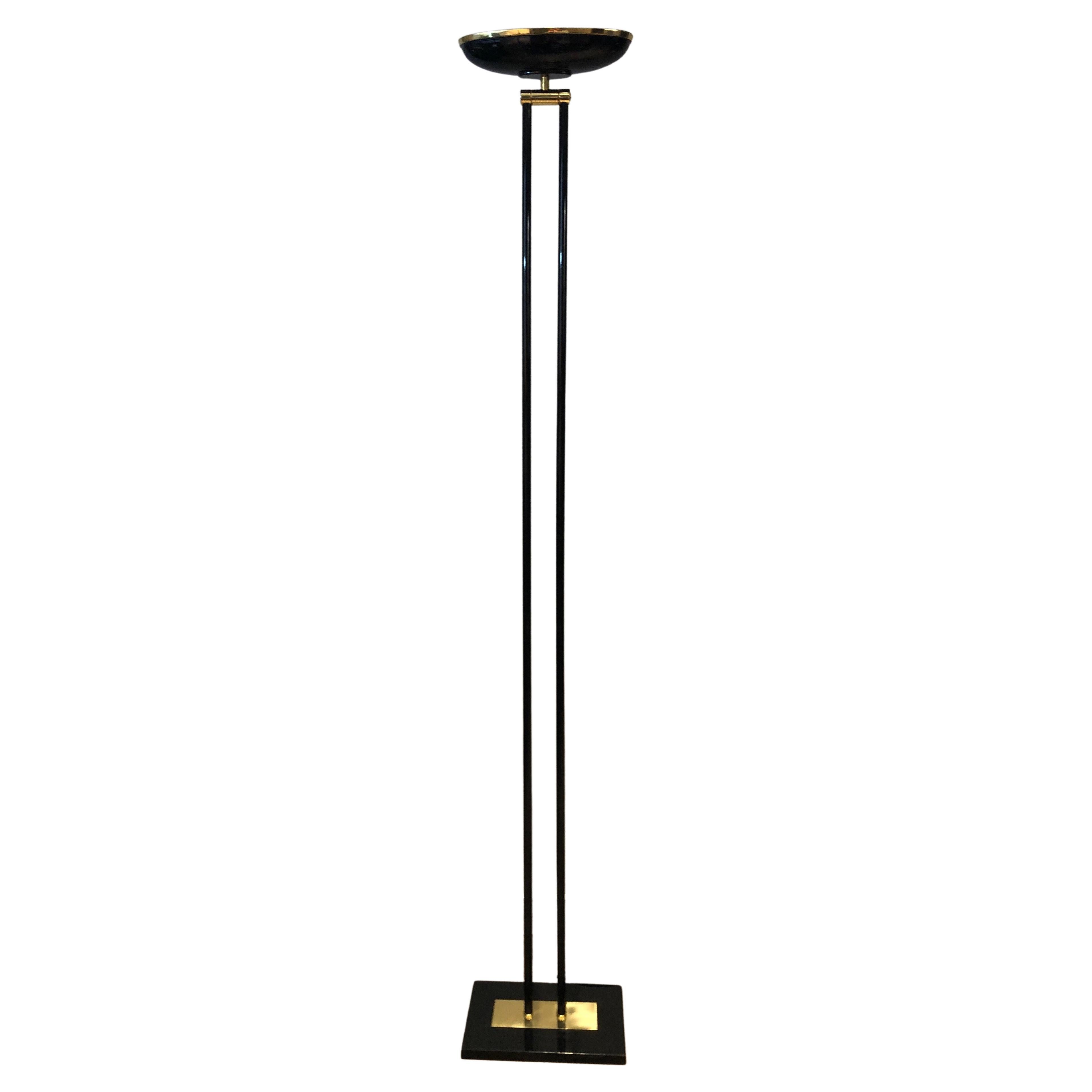 Black Lacquered and Brass Halogen Floor Lamp, French Work, circa 1970 For Sale