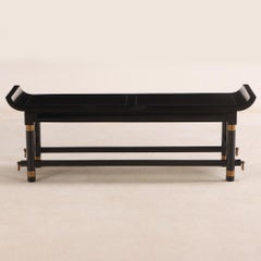 Black Lacquered and Brass Mounted Bench in the manner of James Mont, C 1950.