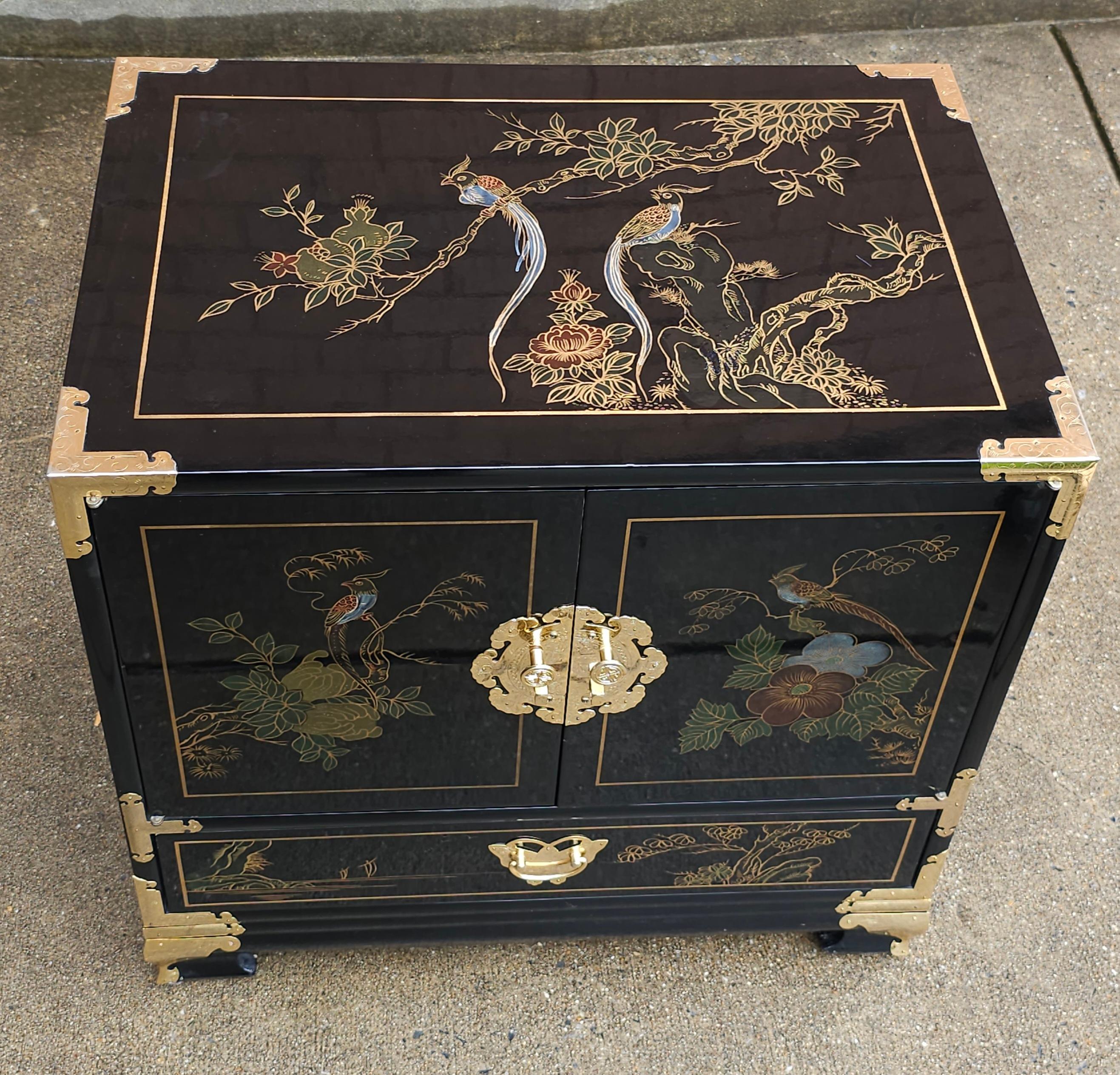 Hong Kong Black Lacquered and Brass Mounted Chinoiserie Decorated Side Cabinet For Sale