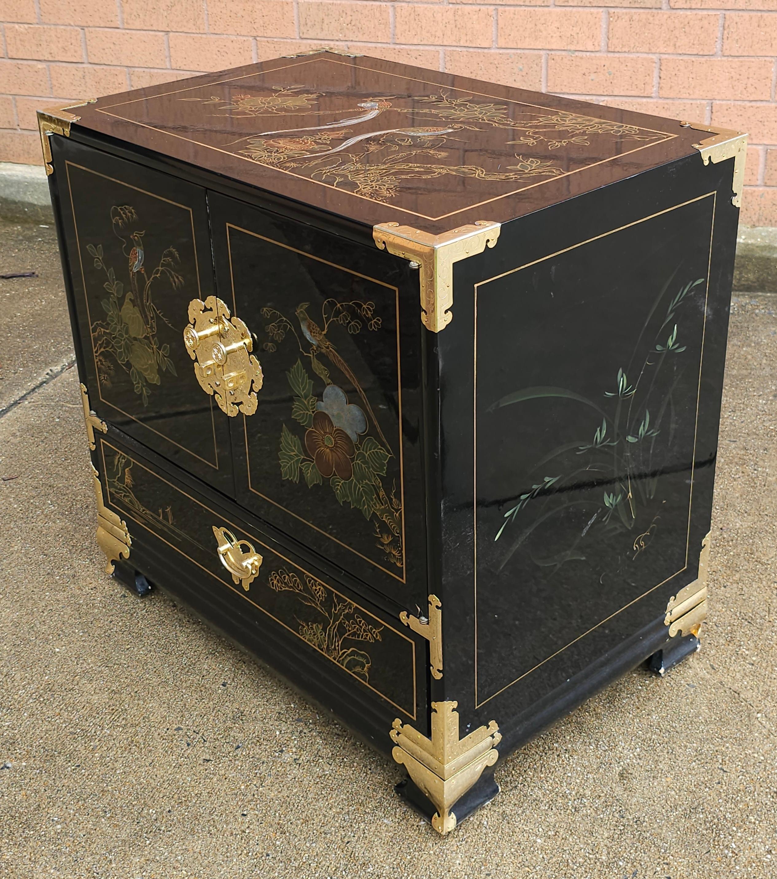 Black Lacquered and Brass Mounted Chinoiserie Decorated Side Cabinet For Sale 2