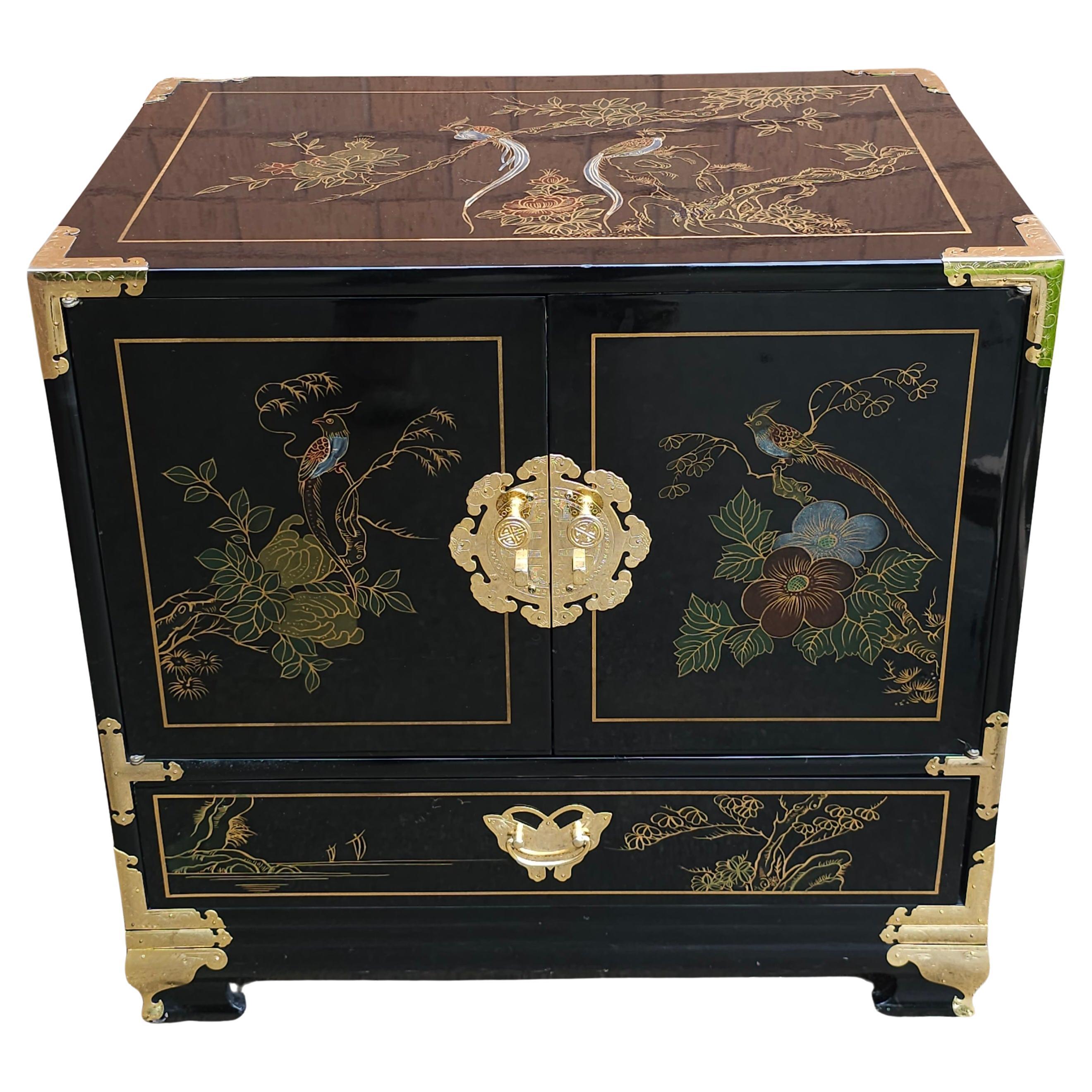 Black Lacquered and Brass Mounted Chinoiserie Decorated Side Cabinet For Sale