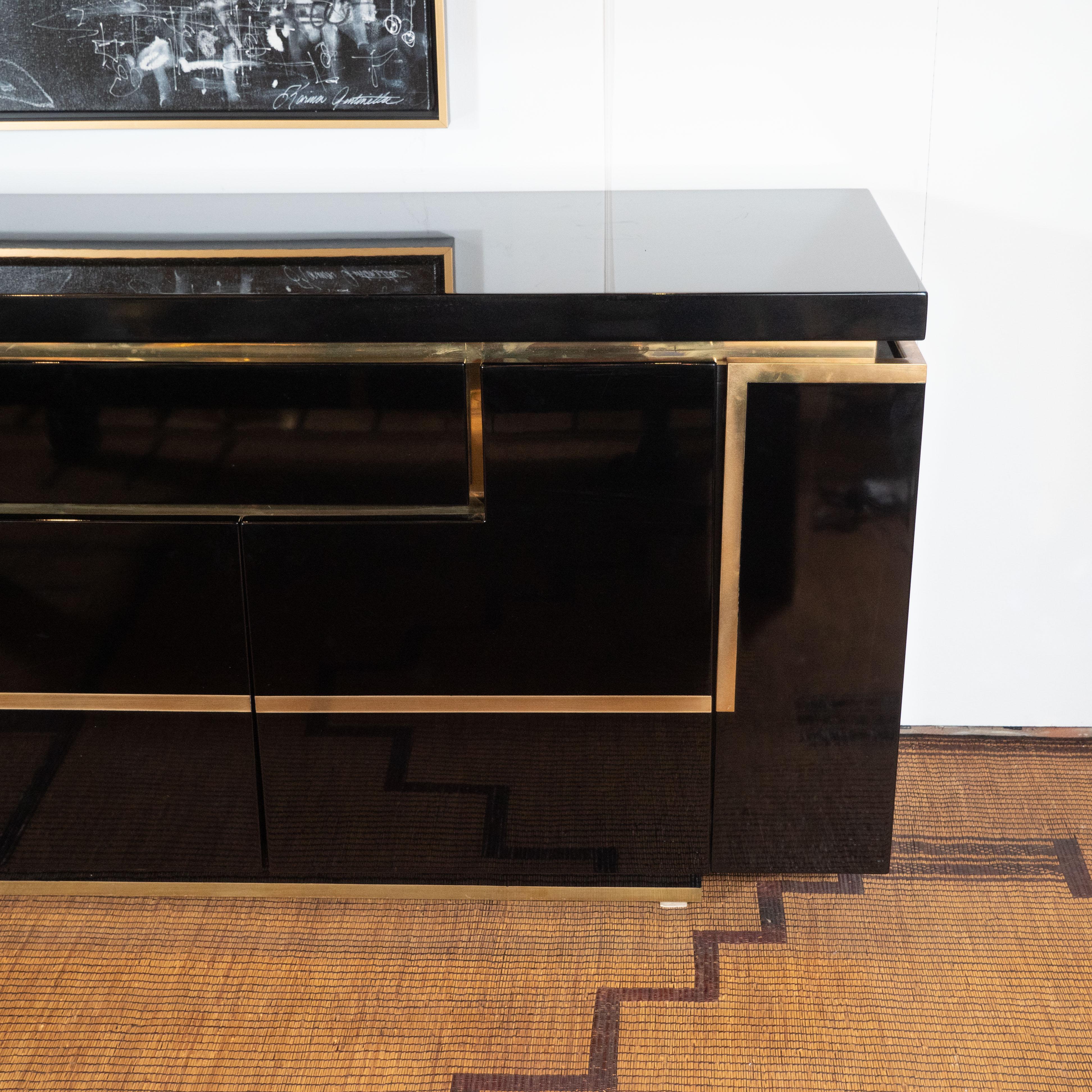 Mid-Century Modern Black Lacquered and Brass Sideboard Credenza by Jean Claude Mahey, France, 1970