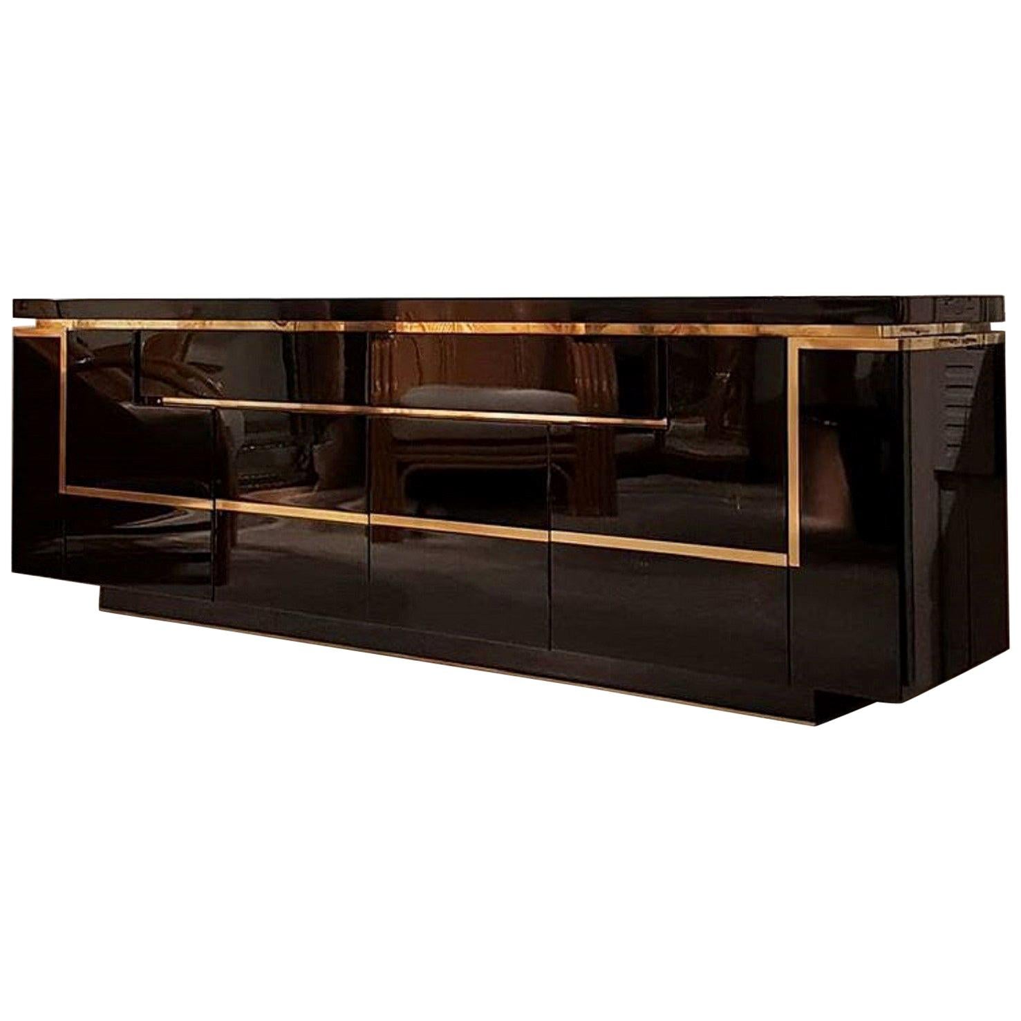 Black Lacquered and Brass Sideboard Credenza by Jean Claude Mahey, France, 1970