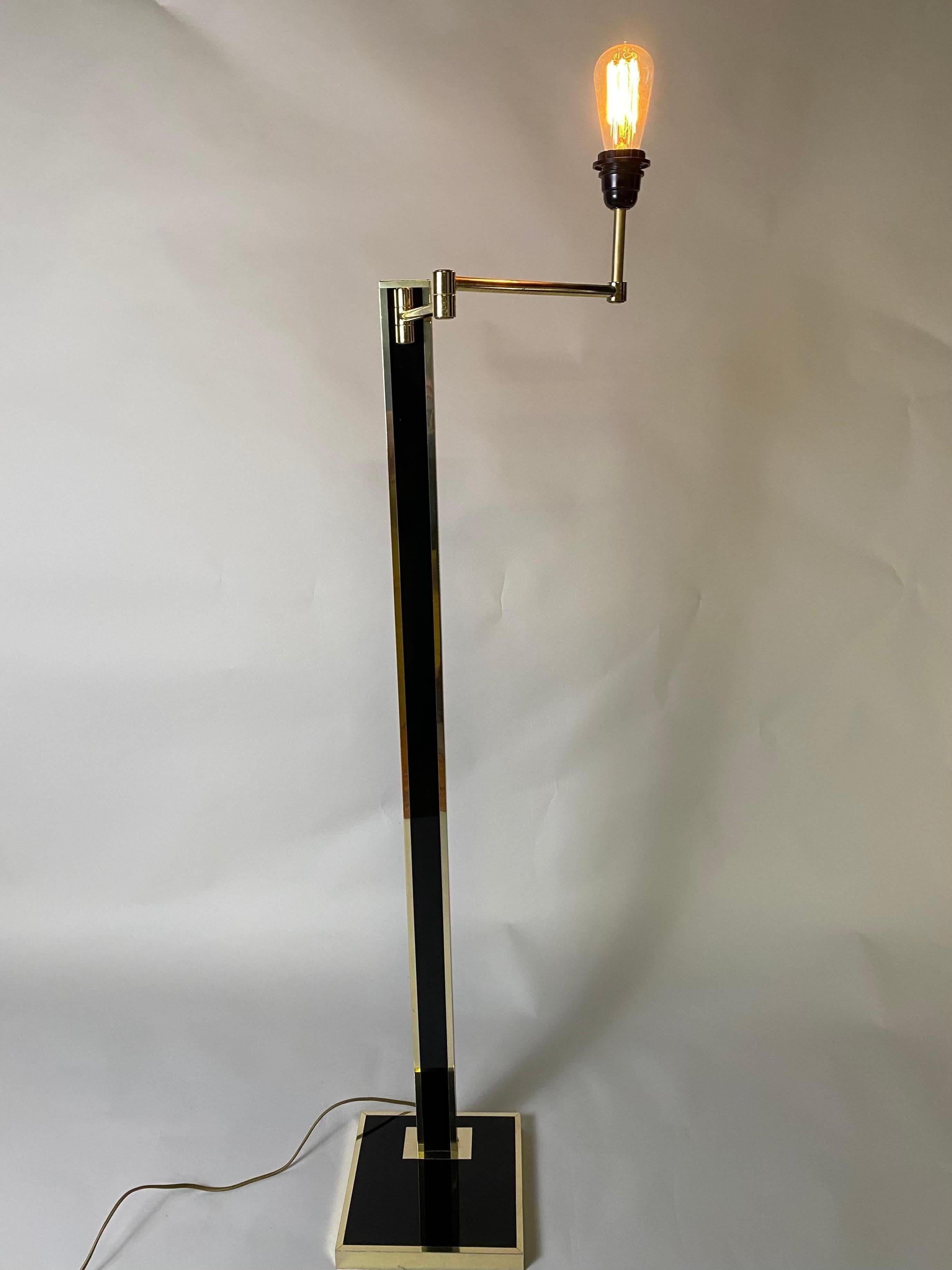 Hollywood Regency Black Lacquered and Brass, Swing Arm Floor Lamp, 1980's, France For Sale