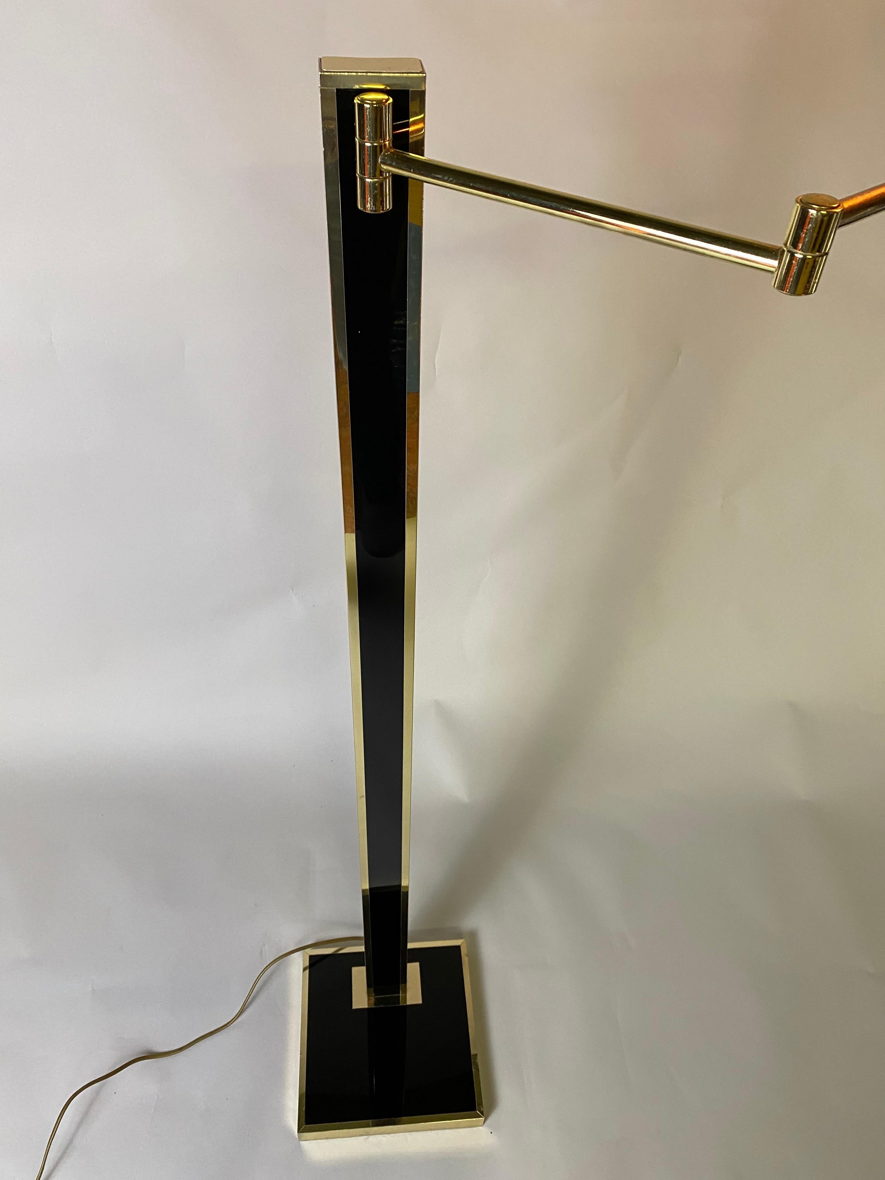French Black Lacquered and Brass, Swing Arm Floor Lamp, 1980's, France For Sale