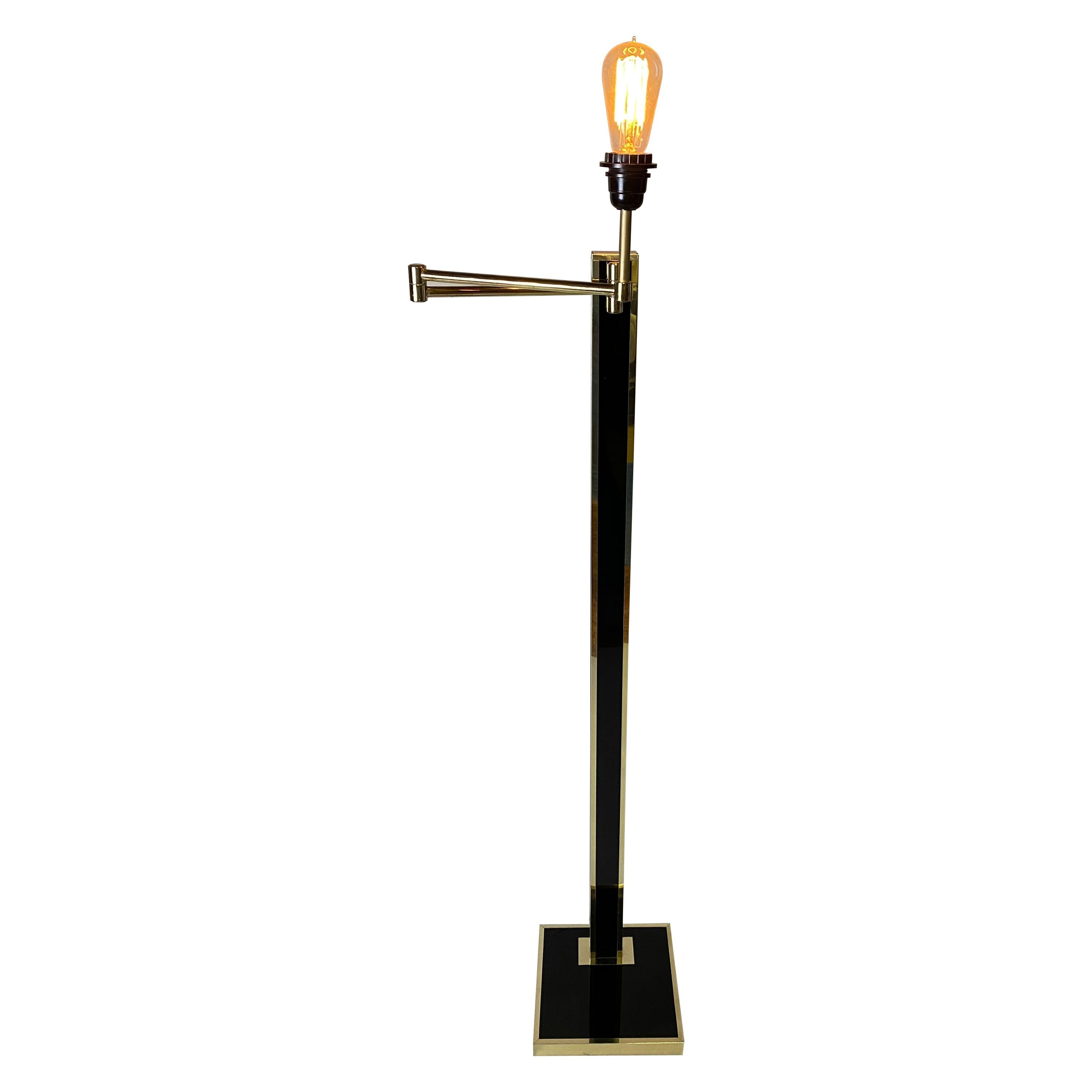 Black Lacquered and Brass, Swing Arm Floor Lamp, 1980's, France For Sale