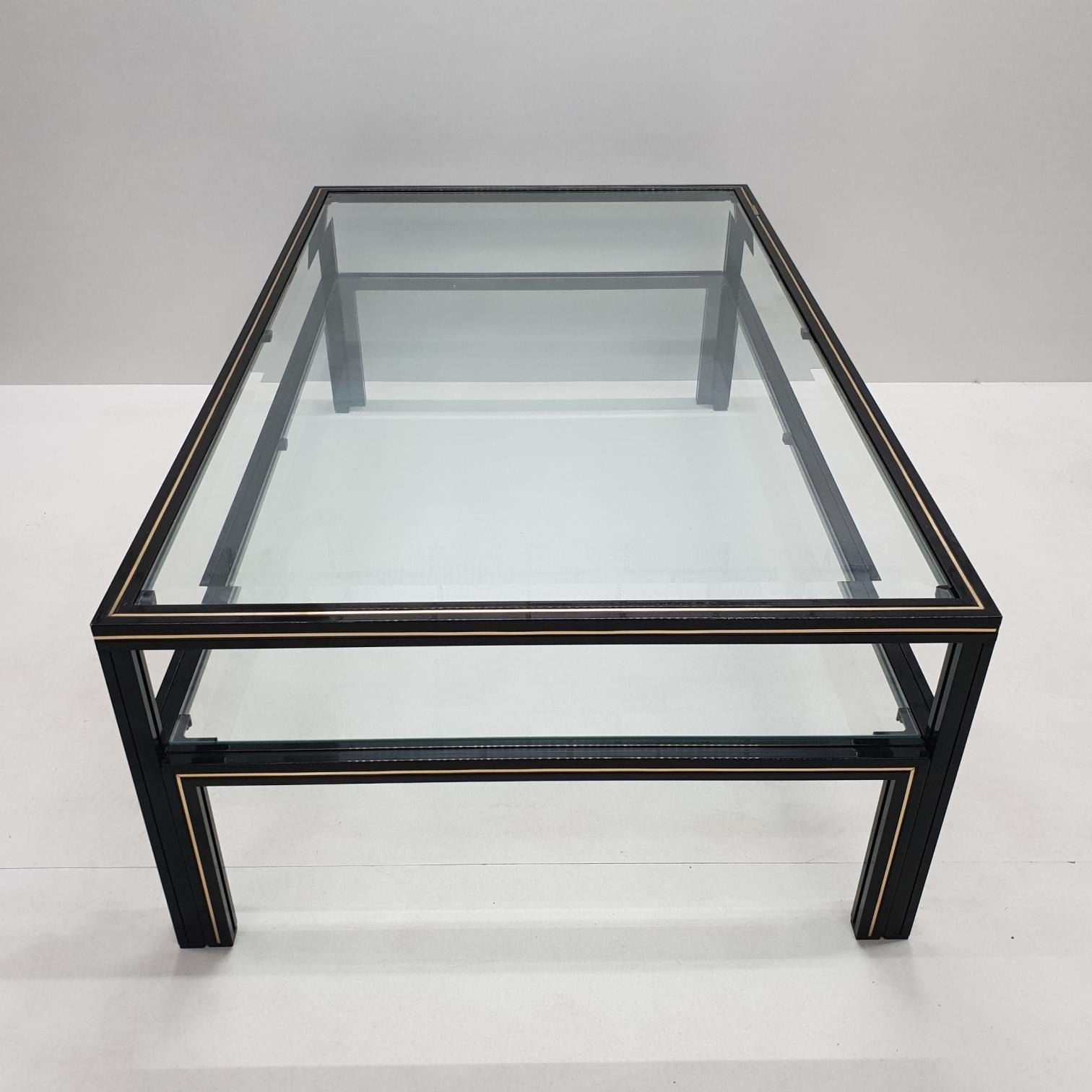Black Lacquered and Brass Two-Tier Coffee Table by Pierre Vandel, 1970s im Zustand „Gut“ in Valkenswaard, NL