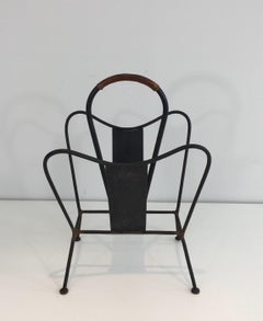 Black Lacquered and Brown Leather Magazine Rack French, circa 1940