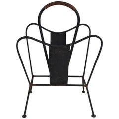 Black Lacquered and Brown Leather Magazine Rack French, circa 1940