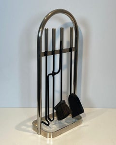 Black Lacquered and Chrome Design Fireplace Tools on Stand, circa 1970