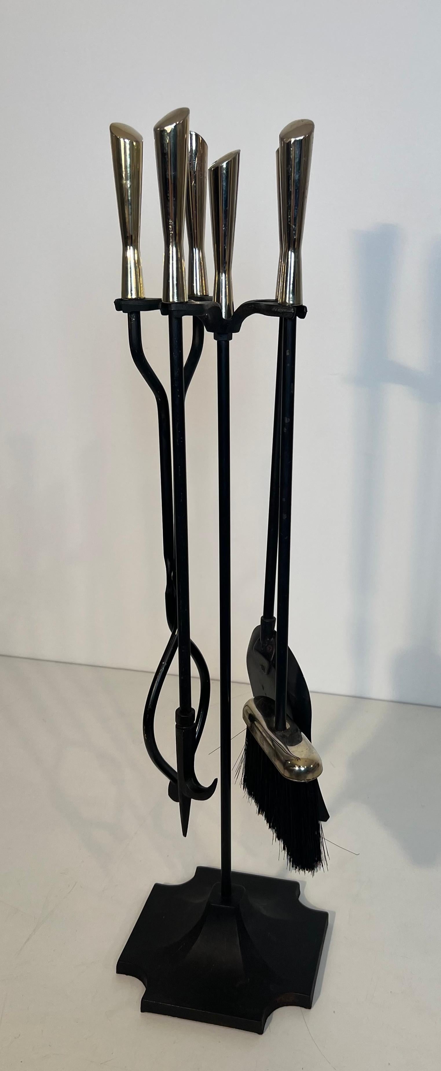 Utensilios para Chimenea en Soporte de Diseño Lacado Negro y Cromado en venta 12