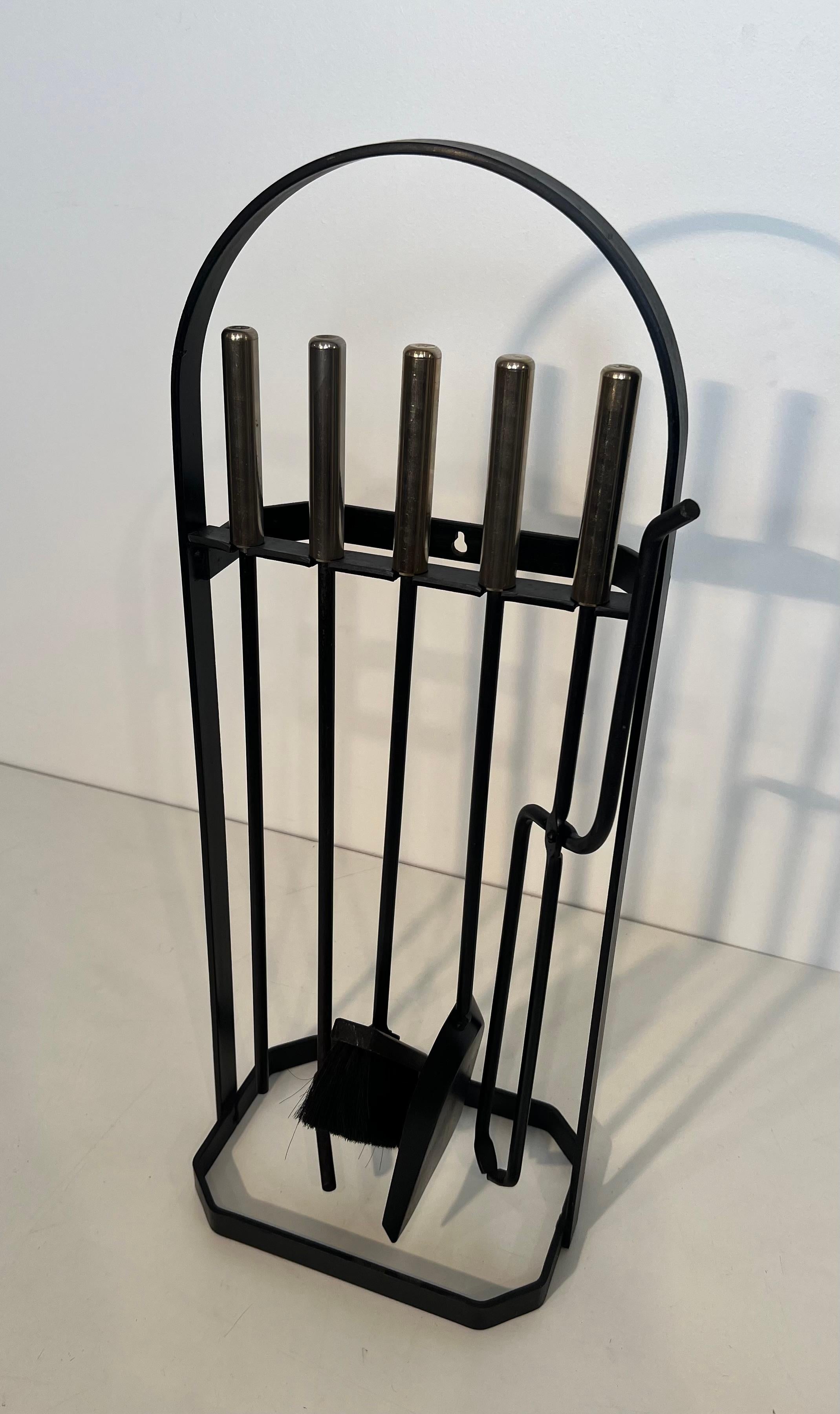 Outils de cheminée laqués noirs et chromés sur Stand en vente 11