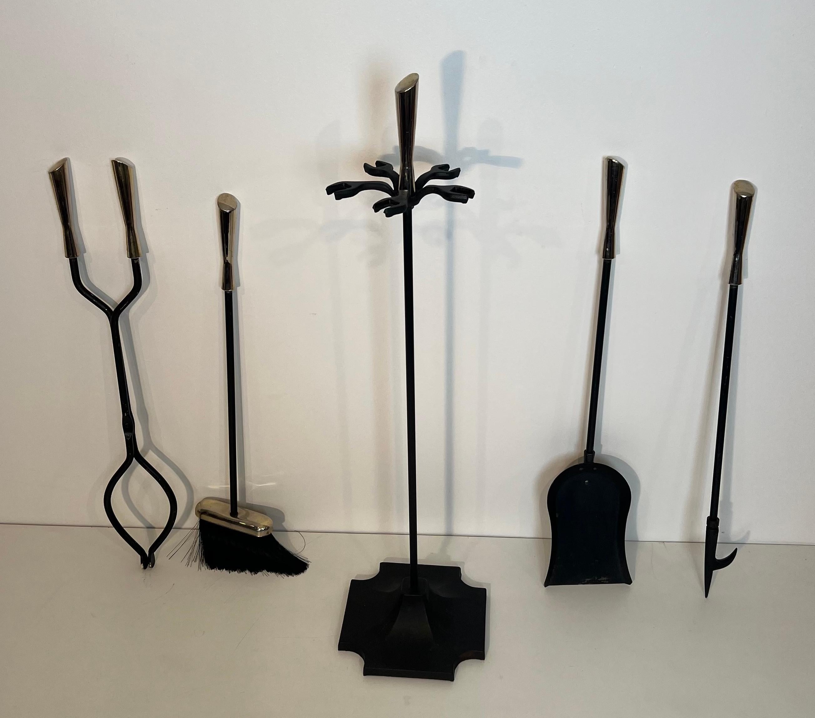 Utensilios para Chimenea en Soporte de Diseño Lacado Negro y Cromado Francés en venta