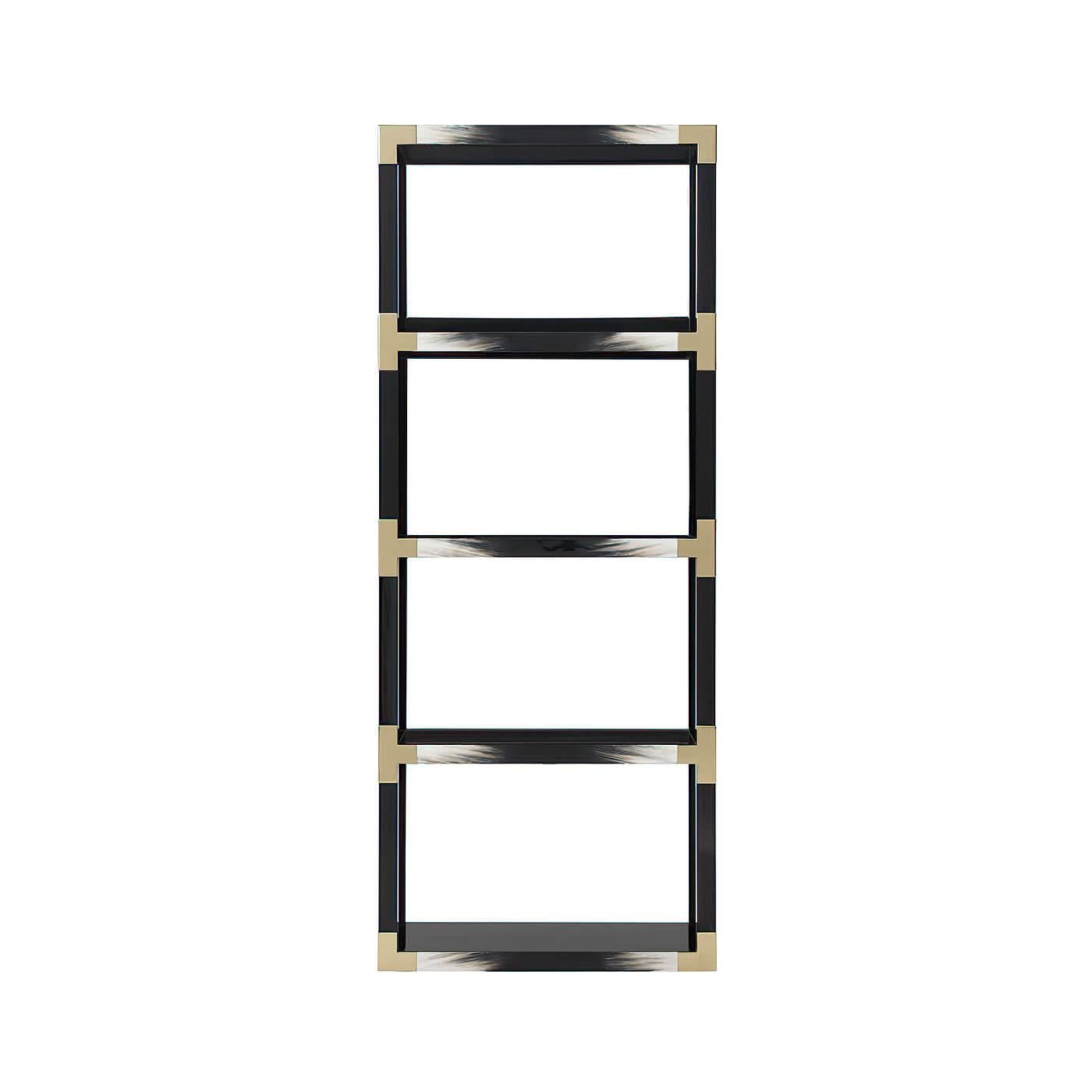 A black lacquered and faux Horn painted Etagere, with four glass inset tiers with brass-edged corners.

Dimensions: 32