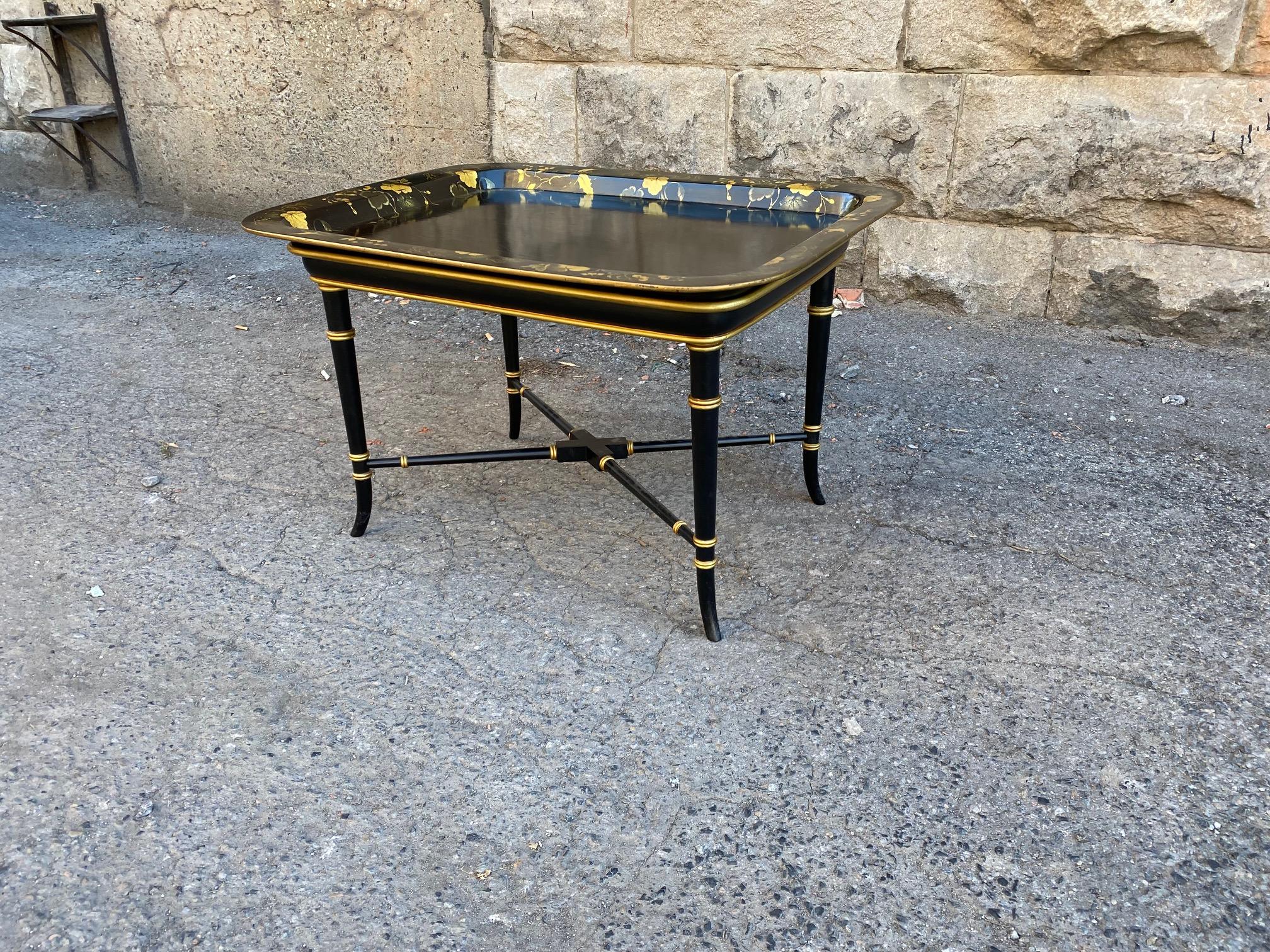 High Victorian Black Lacquered and Gilt Wood Japanned Tray Table with Floral Motifs For Sale