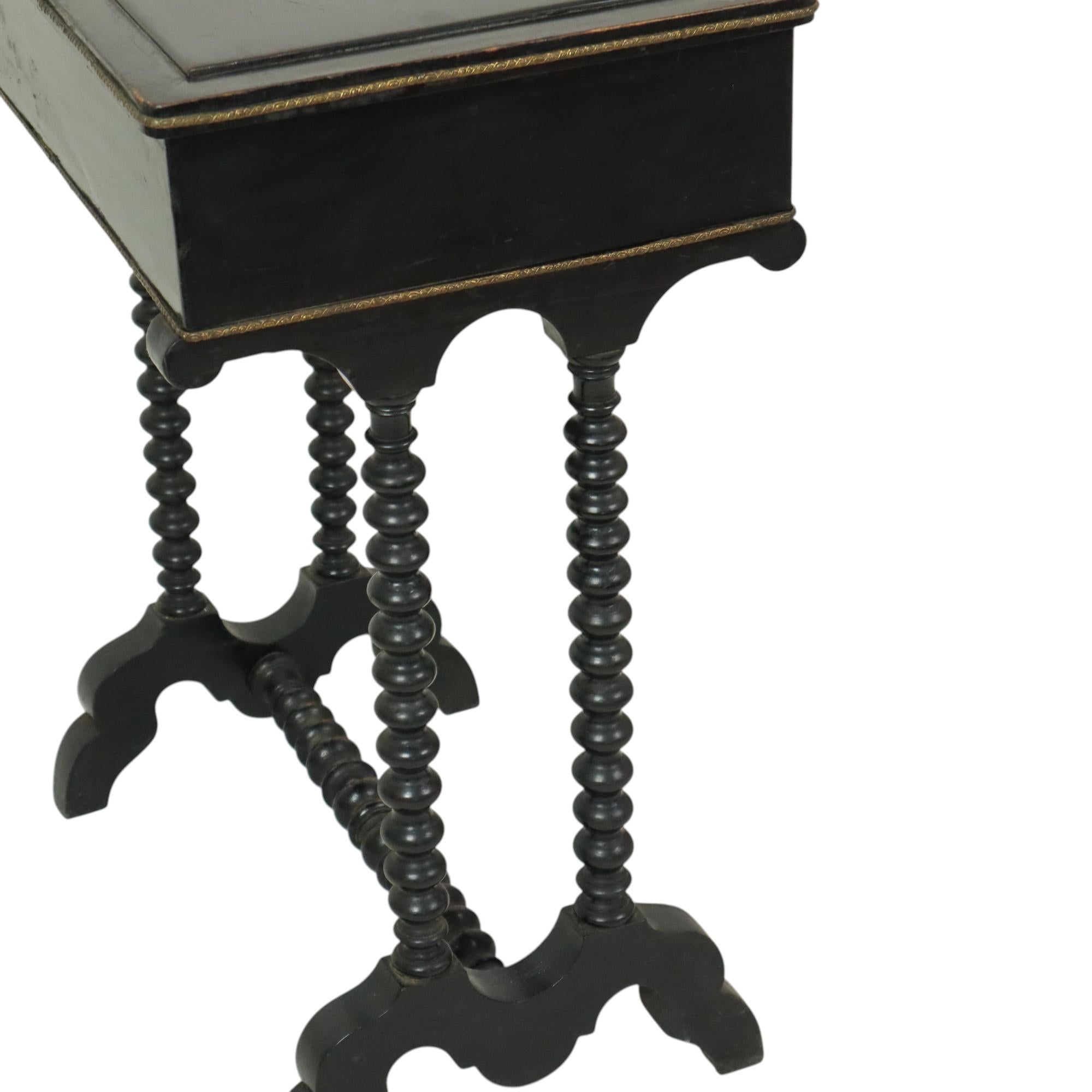 Brass Black Lacquered Antique Sewing Table Side Table Mahogany 19th Century For Sale