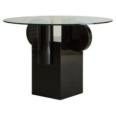 Black Lacquered Base & Glass Top Dining Table in the Style of Ettore Sottsass