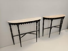 Black Lacquered Beech Console with Demilune Portuguese Pink Marble Top, Italy