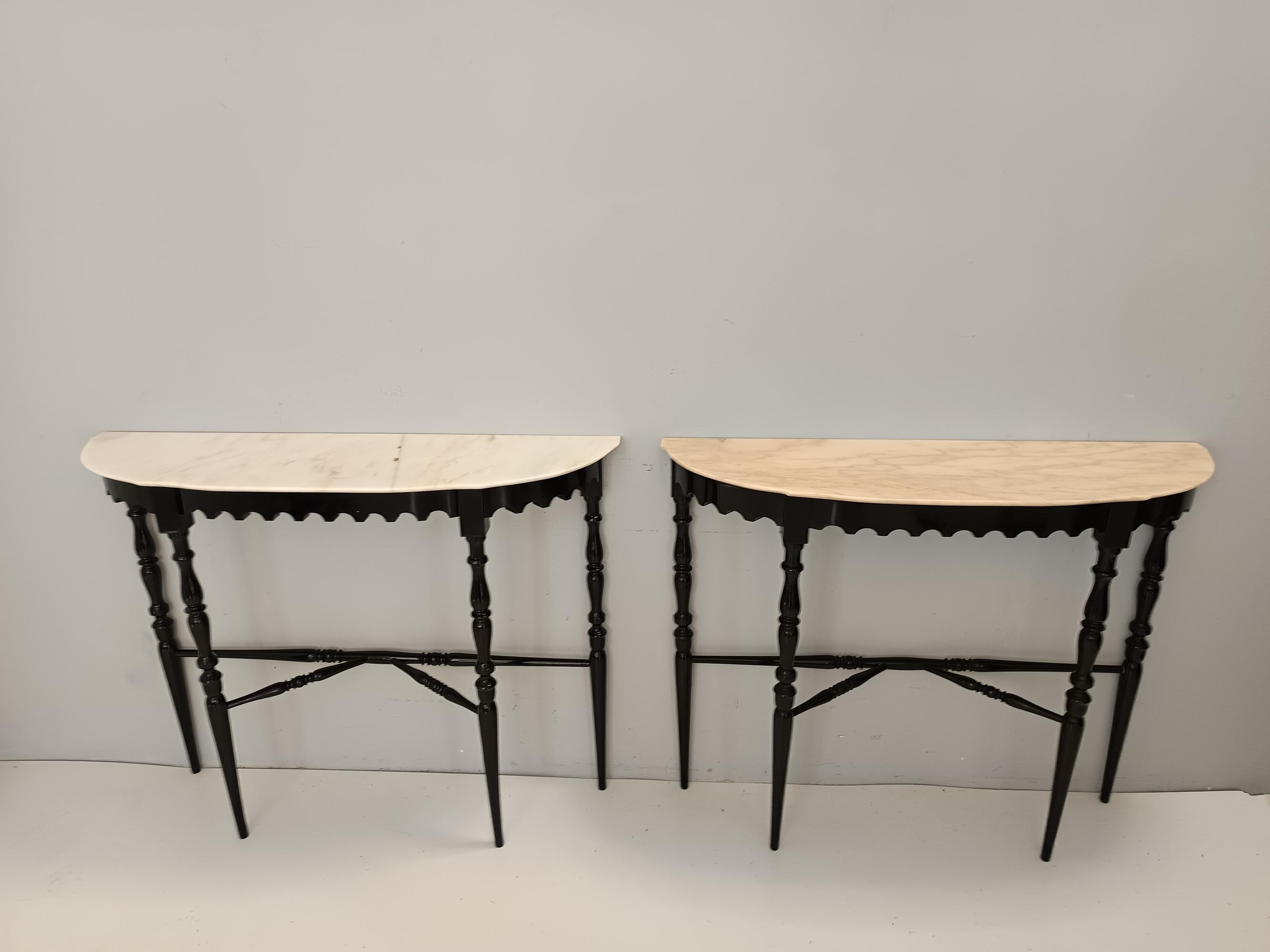 Mid-Century Modern Black Lacquered Beech Console with Demilune Portuguese Pink Marble Top, Italy