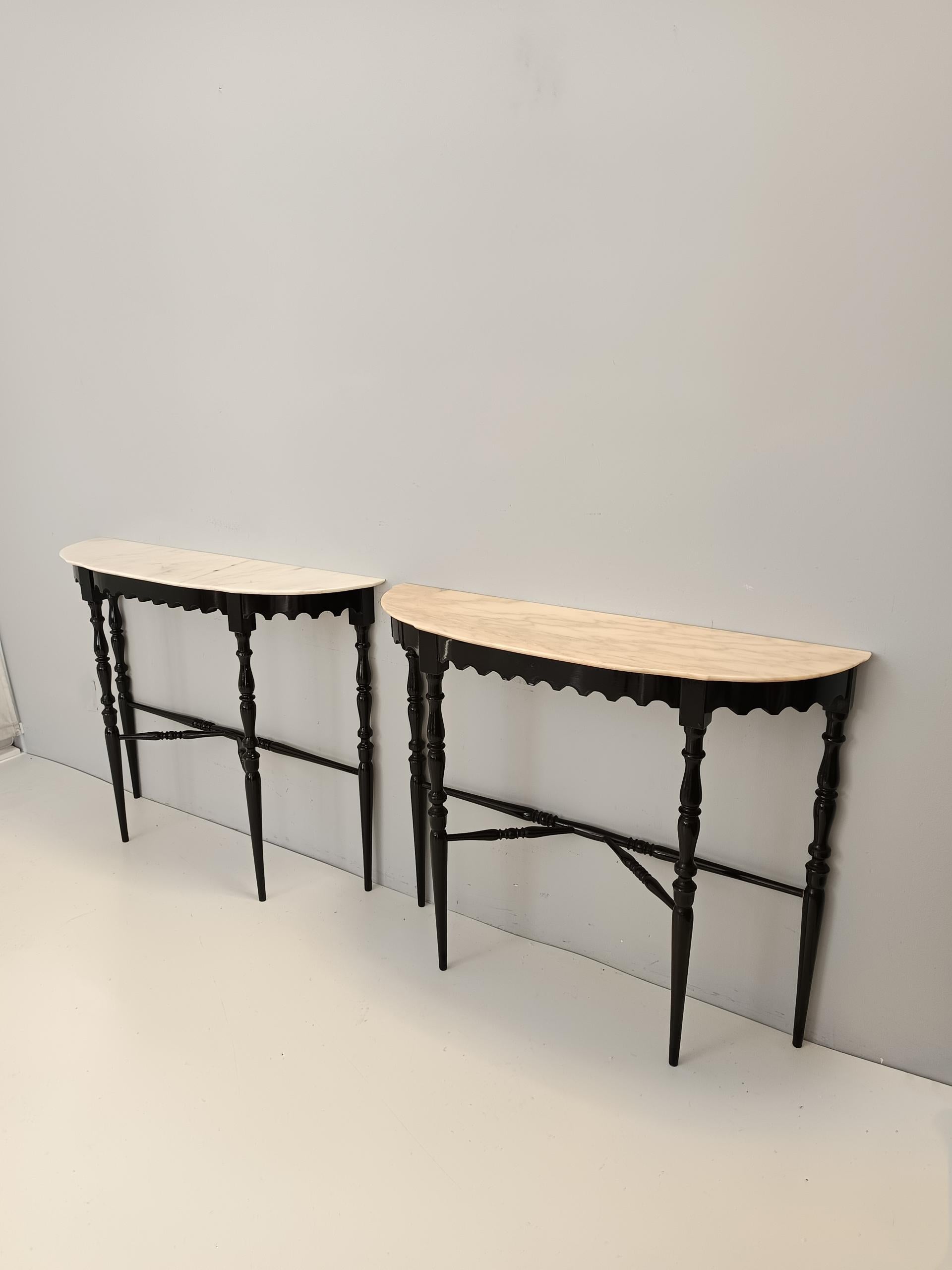 Italian Black Lacquered Beech Console with Demilune Portuguese Pink Marble Top, Italy
