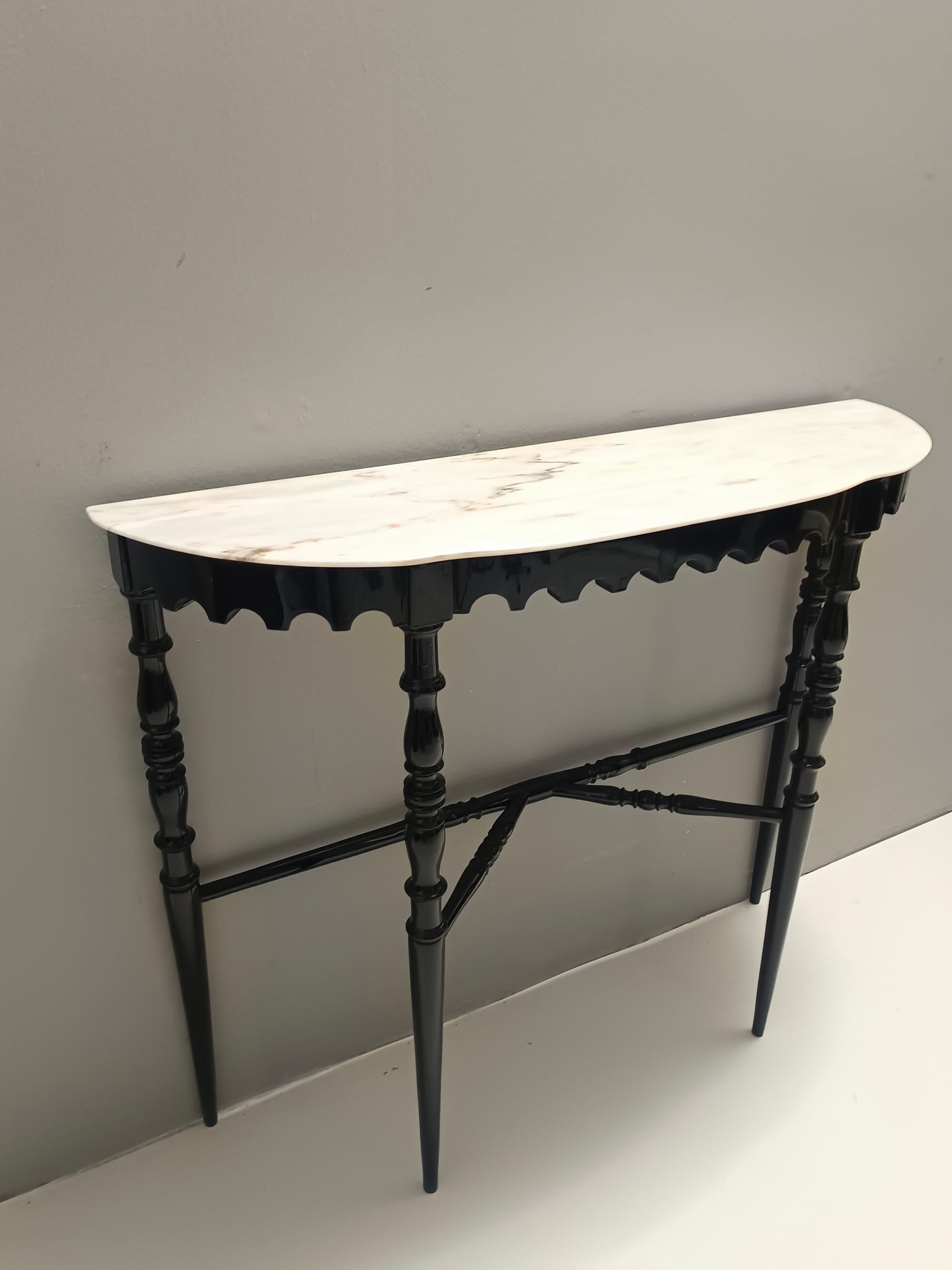 Italian Black Lacquered Beech Console with Demilune Portuguese Pink Marble Top, Italy For Sale
