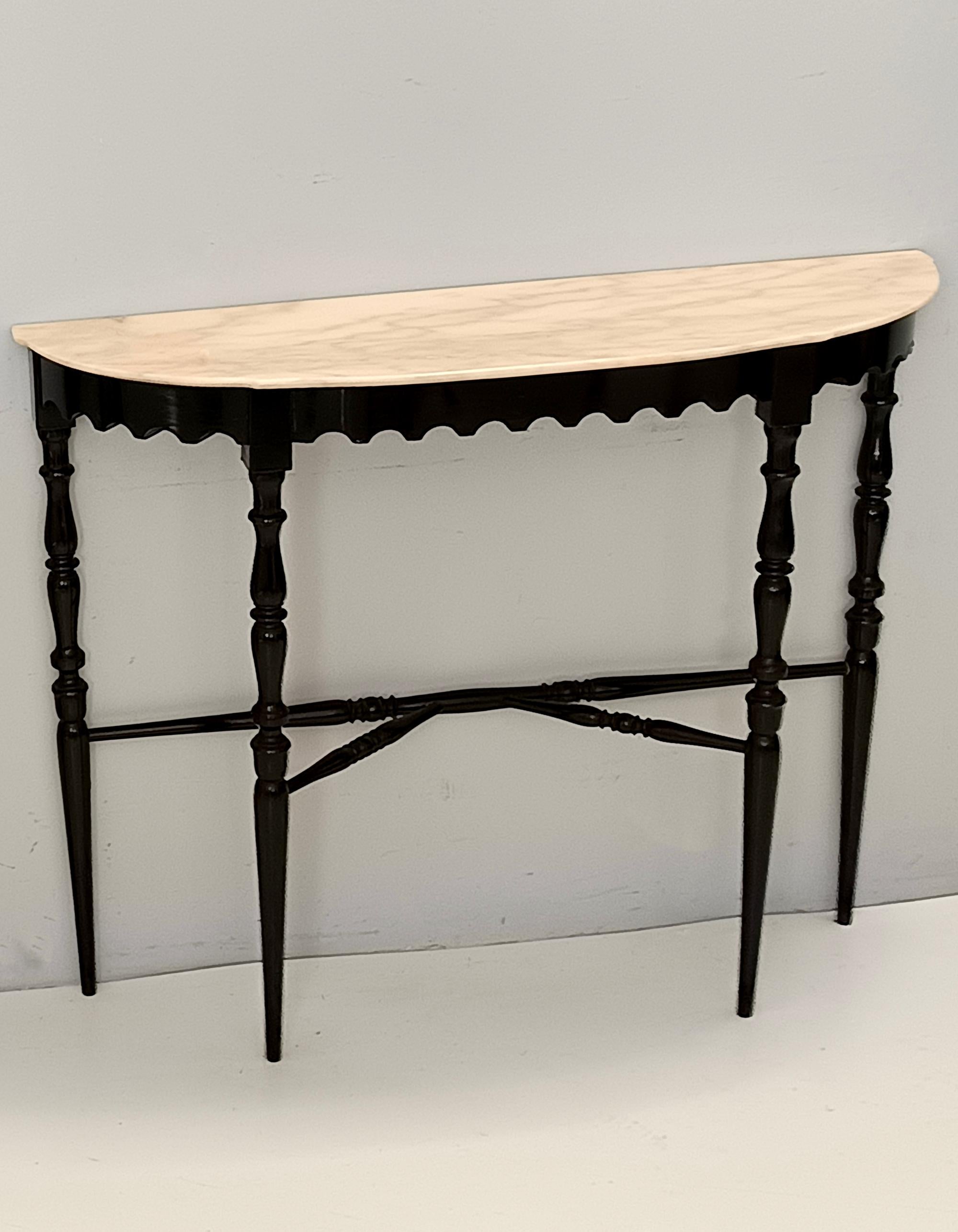 Black Lacquered Beech Console with Demilune Portuguese Pink Marble Top, Italy In Excellent Condition In Bresso, Lombardy