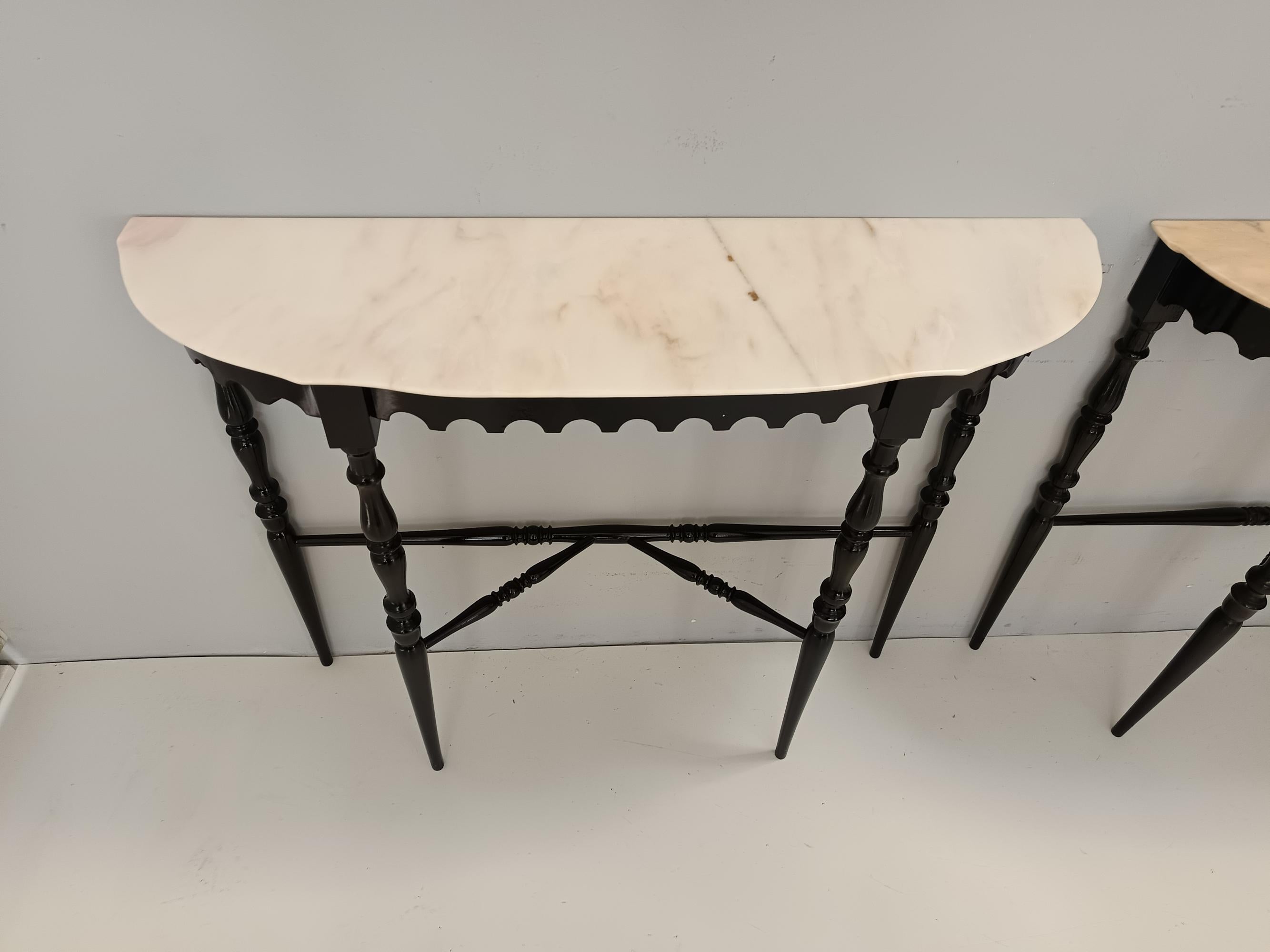 Mid-20th Century Black Lacquered Beech Console with Demilune Portuguese Pink Marble Top, Italy