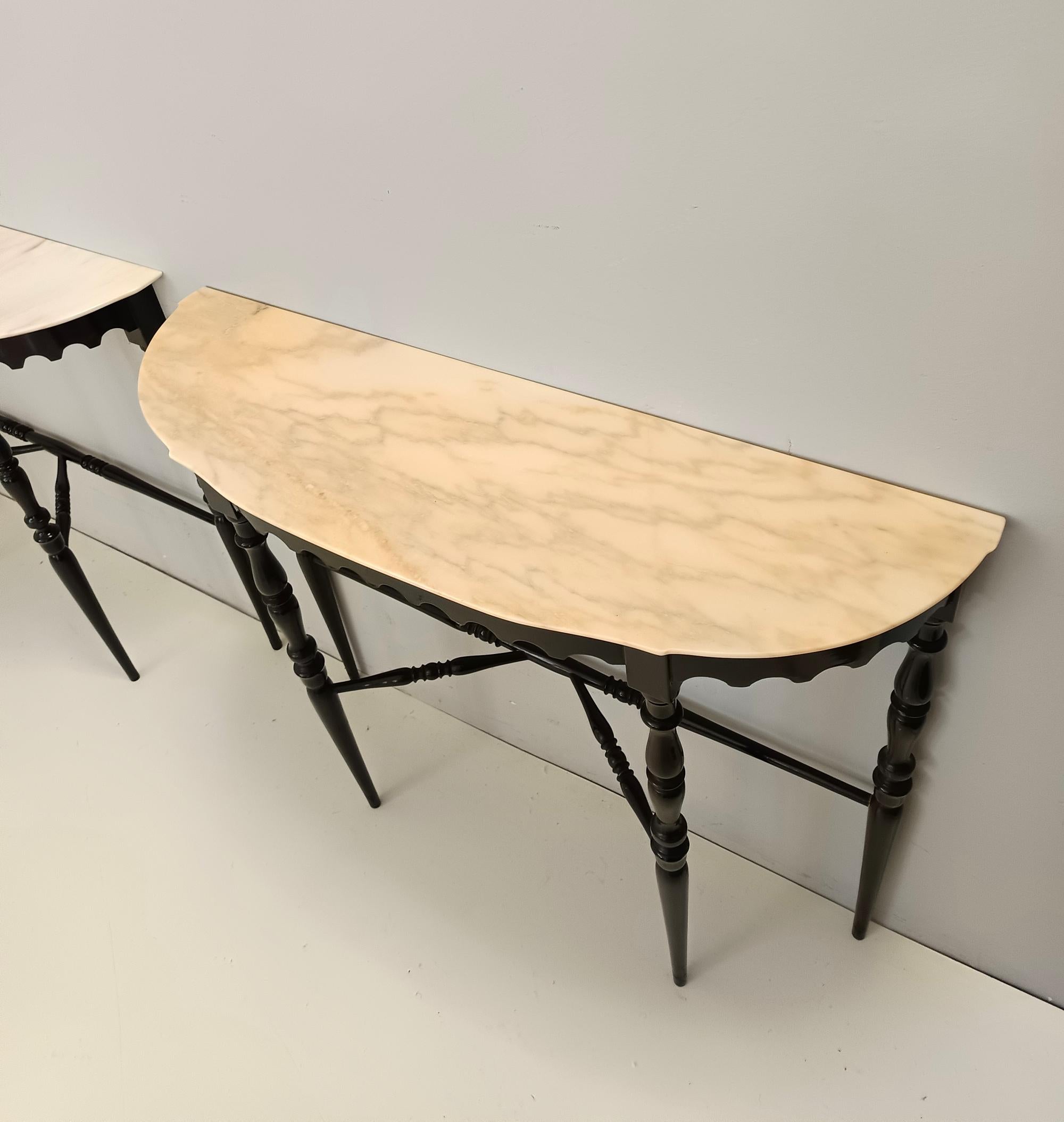 Mid-20th Century Black Lacquered Beech Console with Demilune Portuguese Pink Marble Top, Italy