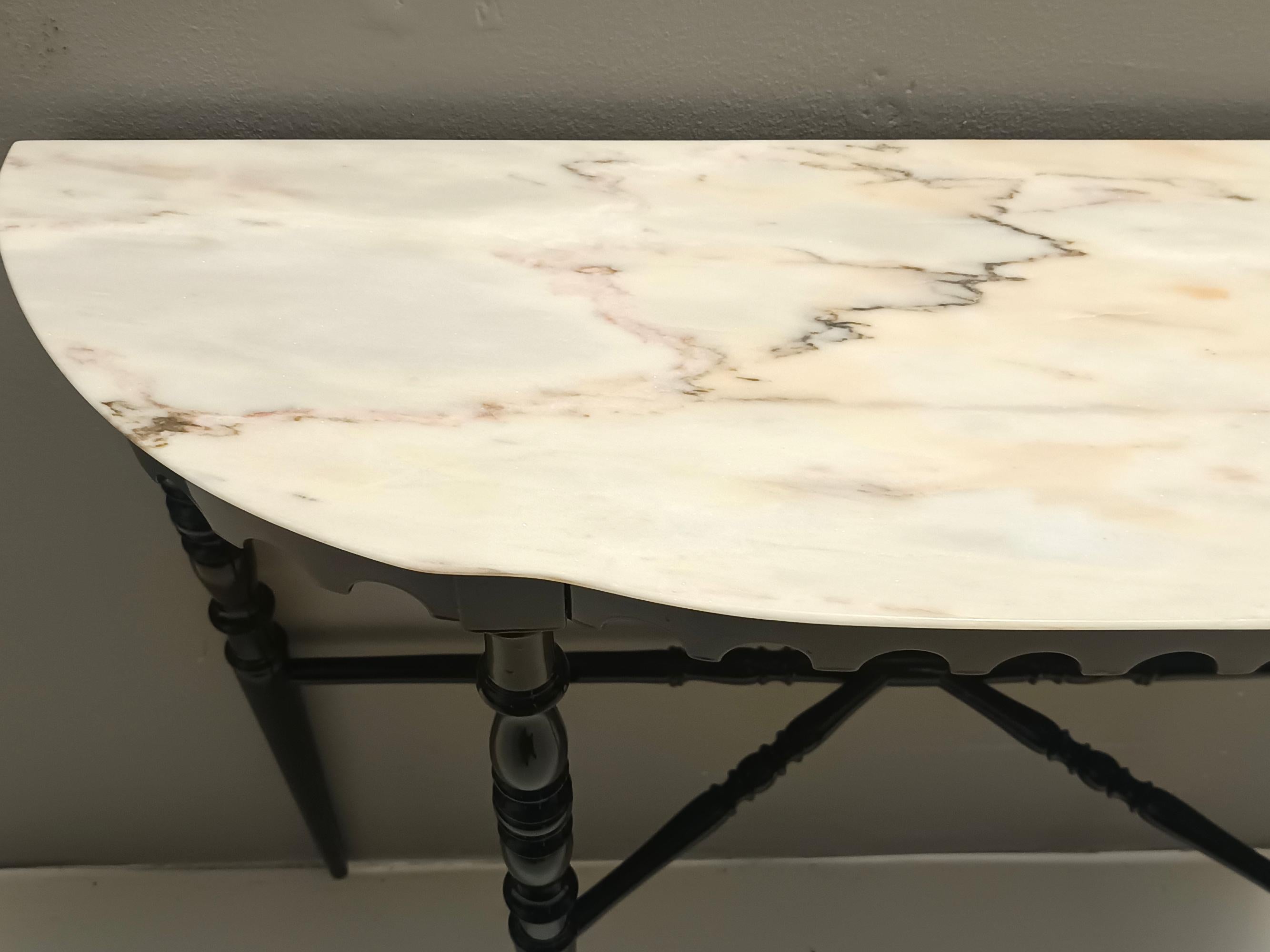 Mid-20th Century Black Lacquered Beech Console with Demilune Portuguese Pink Marble Top, Italy For Sale