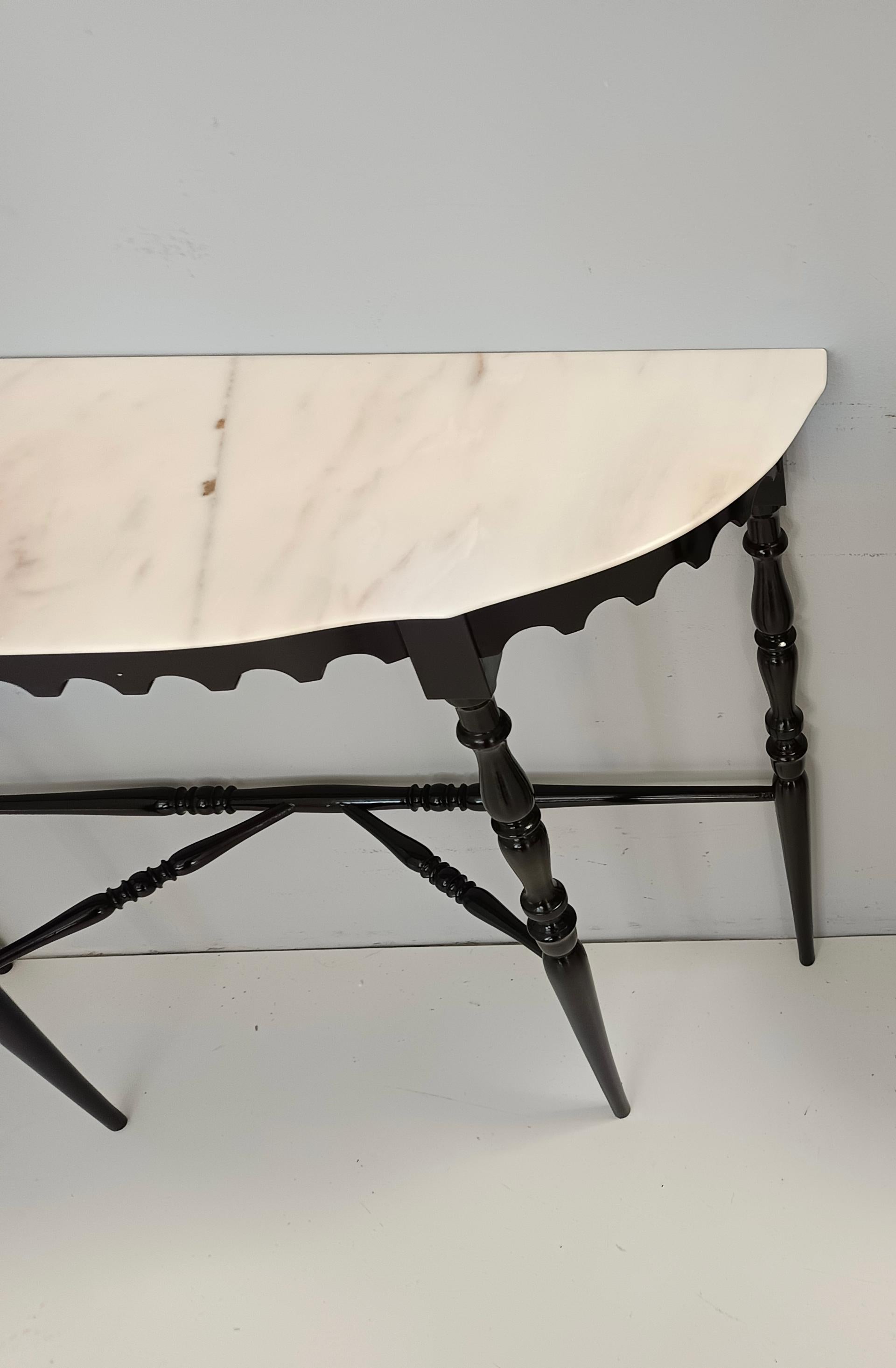 Black Lacquered Beech Console with Demilune Portuguese Pink Marble Top, Italy 1