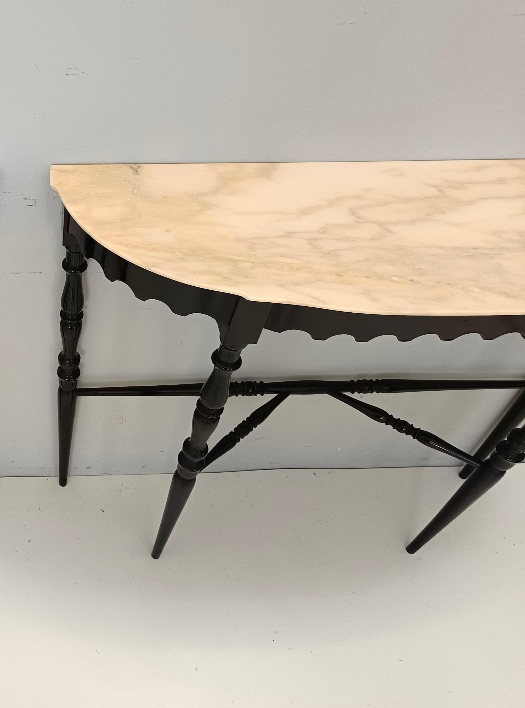 Black Lacquered Beech Console with Demilune Portuguese Pink Marble Top, Italy 1