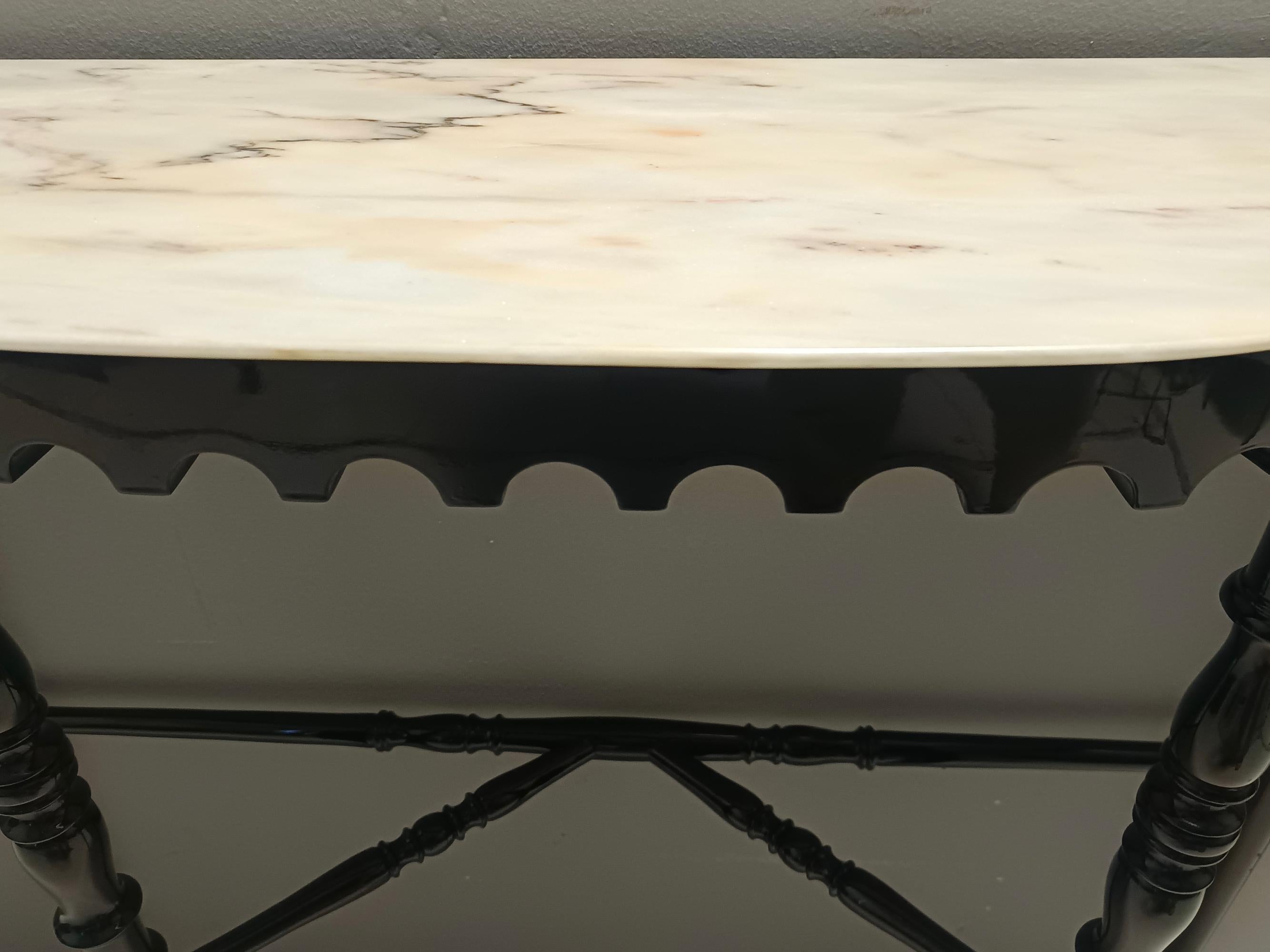 Black Lacquered Beech Console with Demilune Portuguese Pink Marble Top, Italy For Sale 1