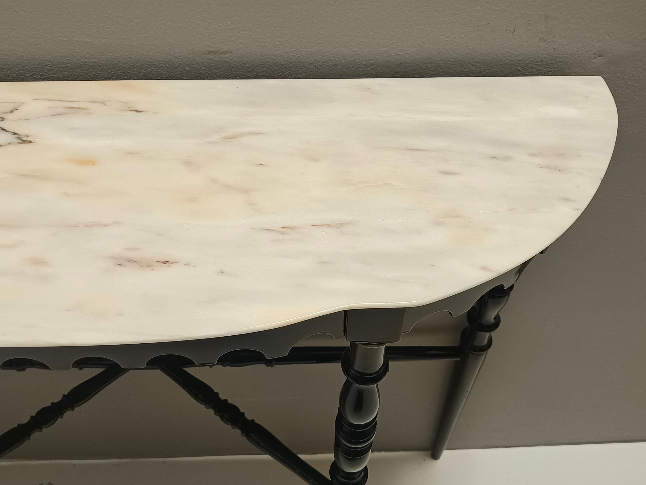 Black Lacquered Beech Console with Demilune Portuguese Pink Marble Top, Italy For Sale 2