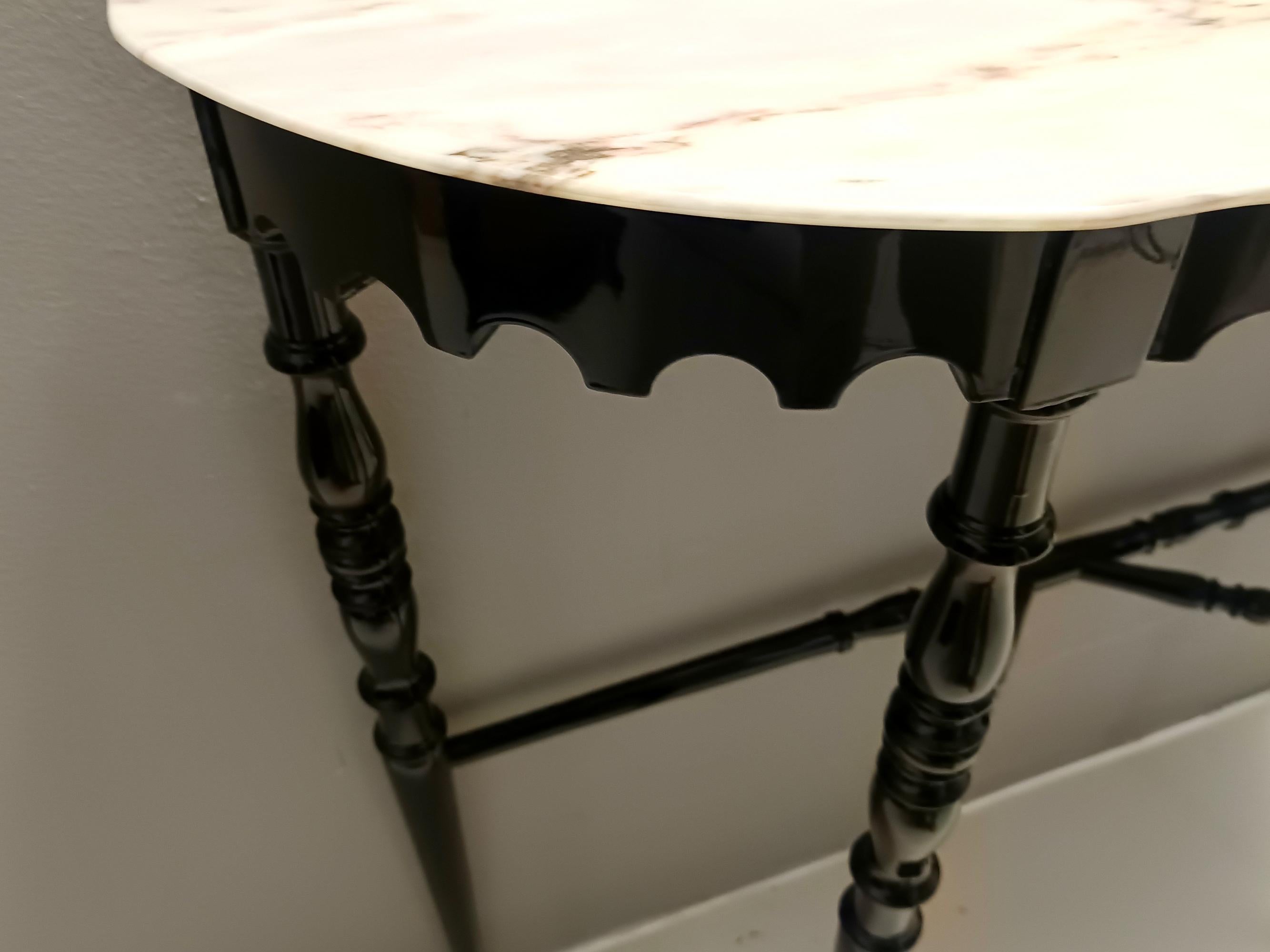 Black Lacquered Beech Console with Demilune Portuguese Pink Marble Top, Italy For Sale 3