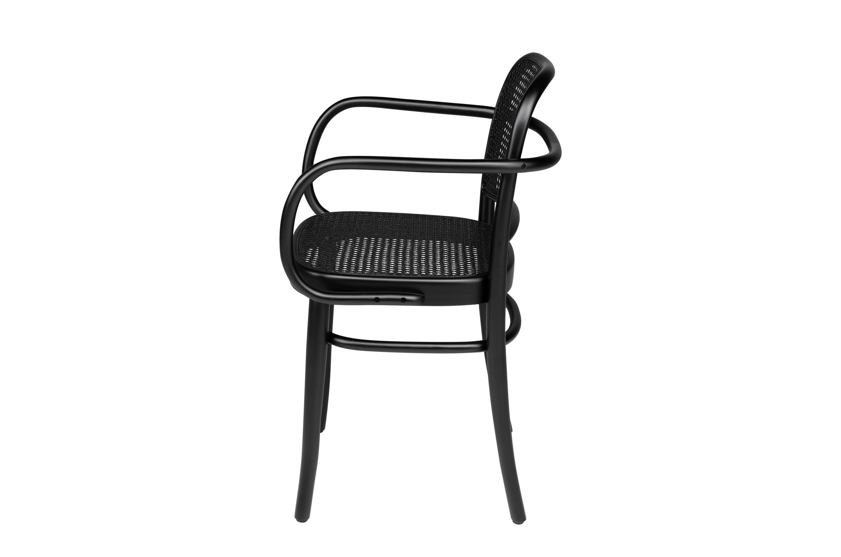 Bistro design style black lacquered curved beech wooden and black rattan wicker cane armchair.