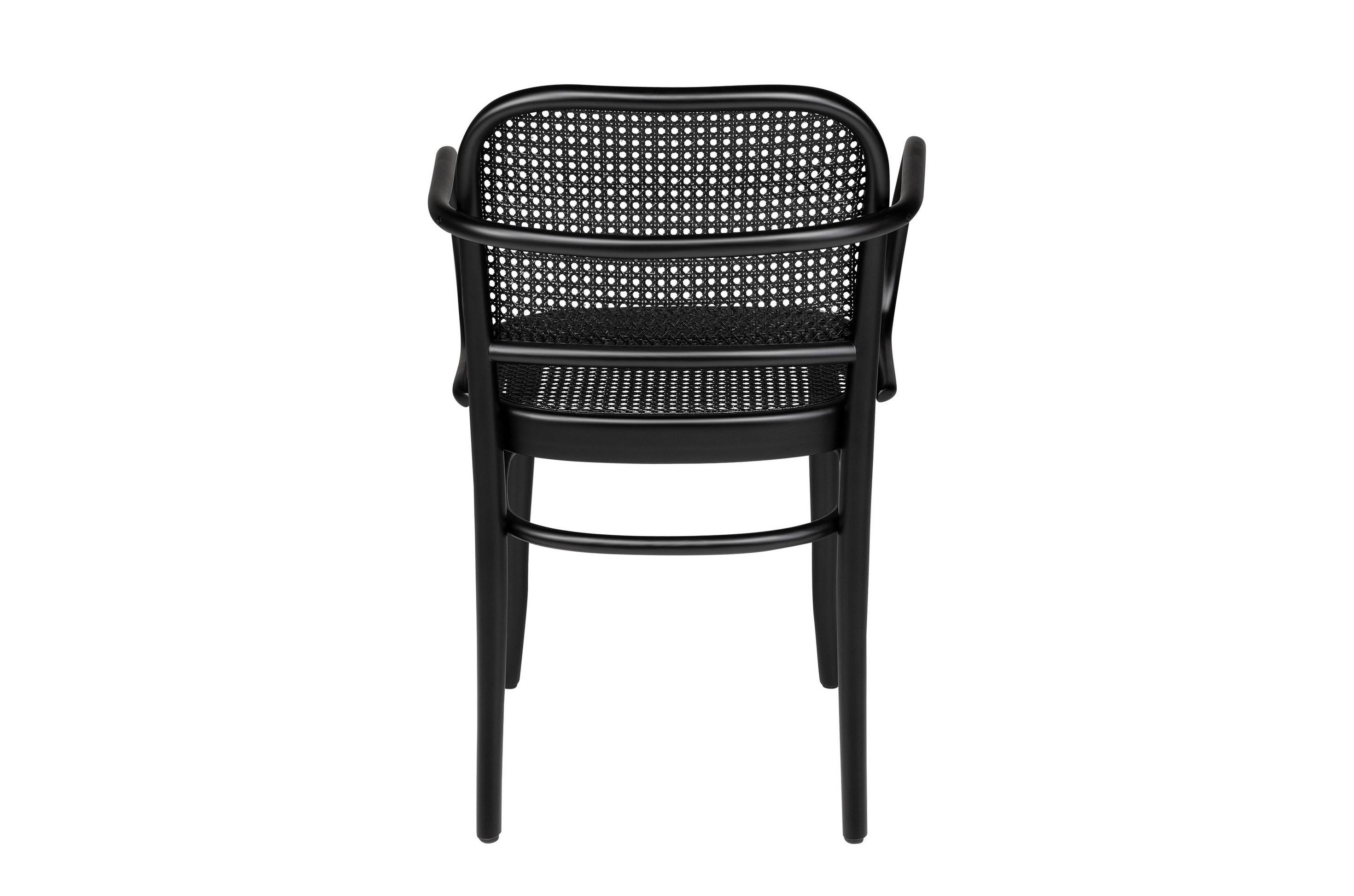 Mid-Century Modern Black Lacquered Beech Wooden and Wicker Cane Armchair