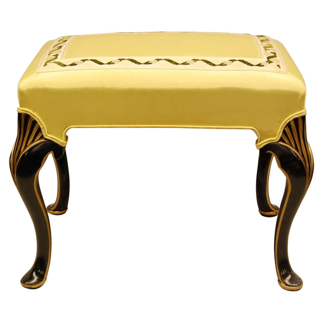 Black Lacquered Bench Covered in Yellow Moire Fabric with Gold Decorations For Sale