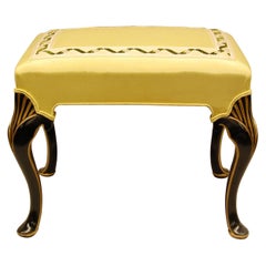 Black Lacquered Bench Covered in Yellow Moire Fabric with Gold Decorations