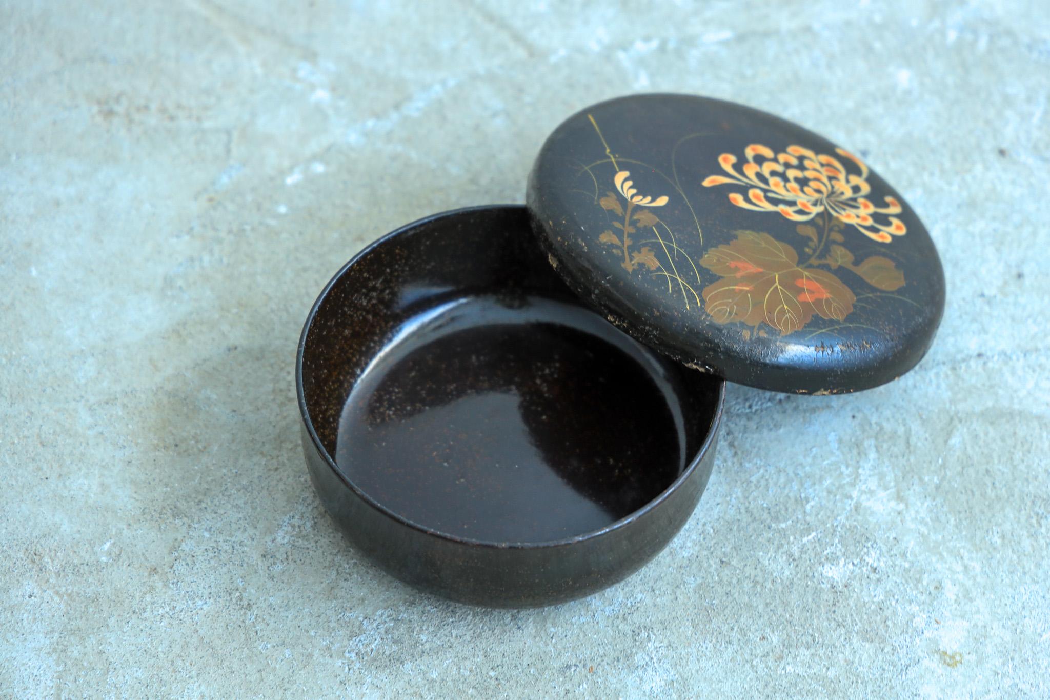 Taisho Black lacquered box with Japanese botanical design, urushi For Sale